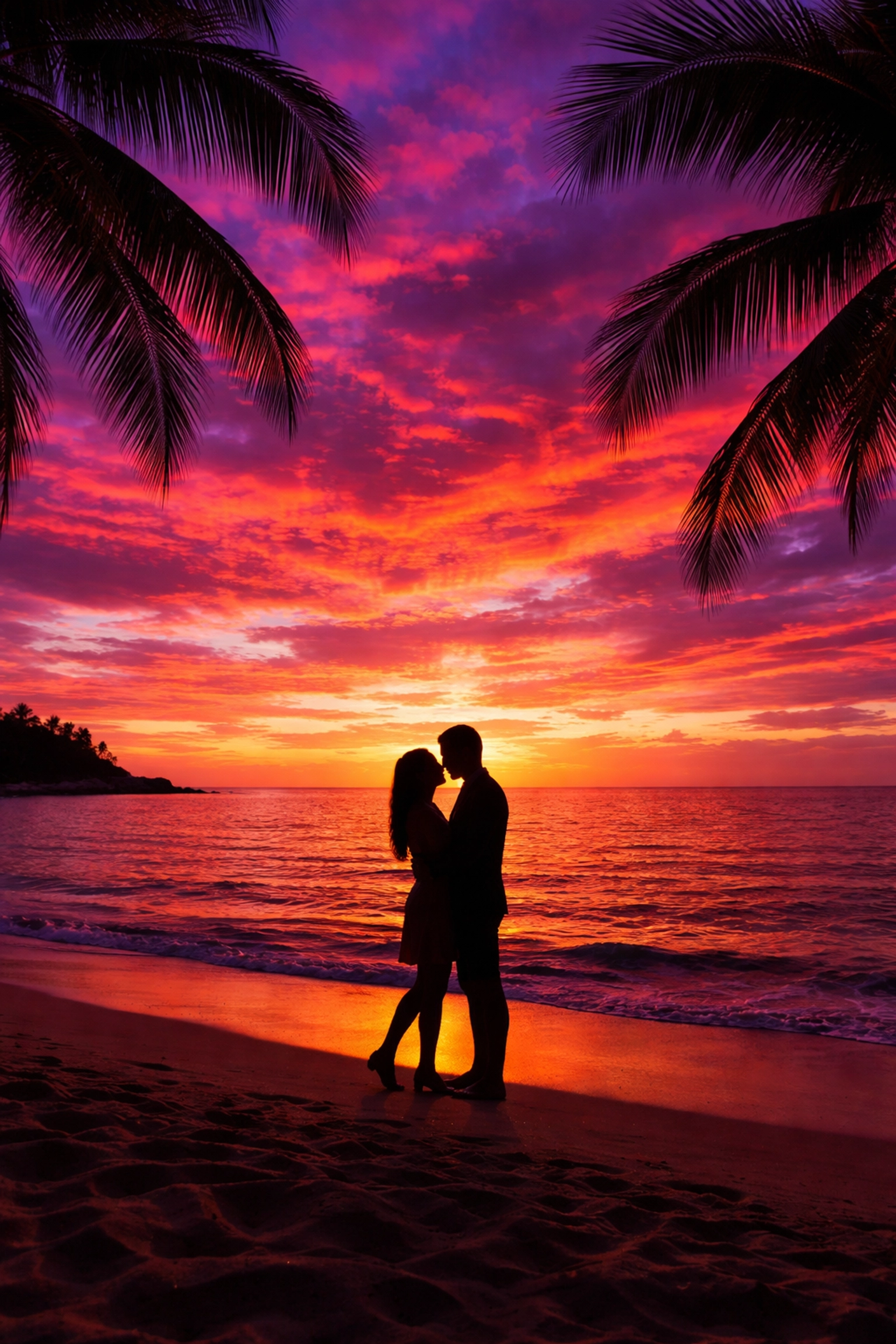 Romantic couple silhouetted on a Puerto Vallarta beach with a vibrant sunset over the Pacific Ocean