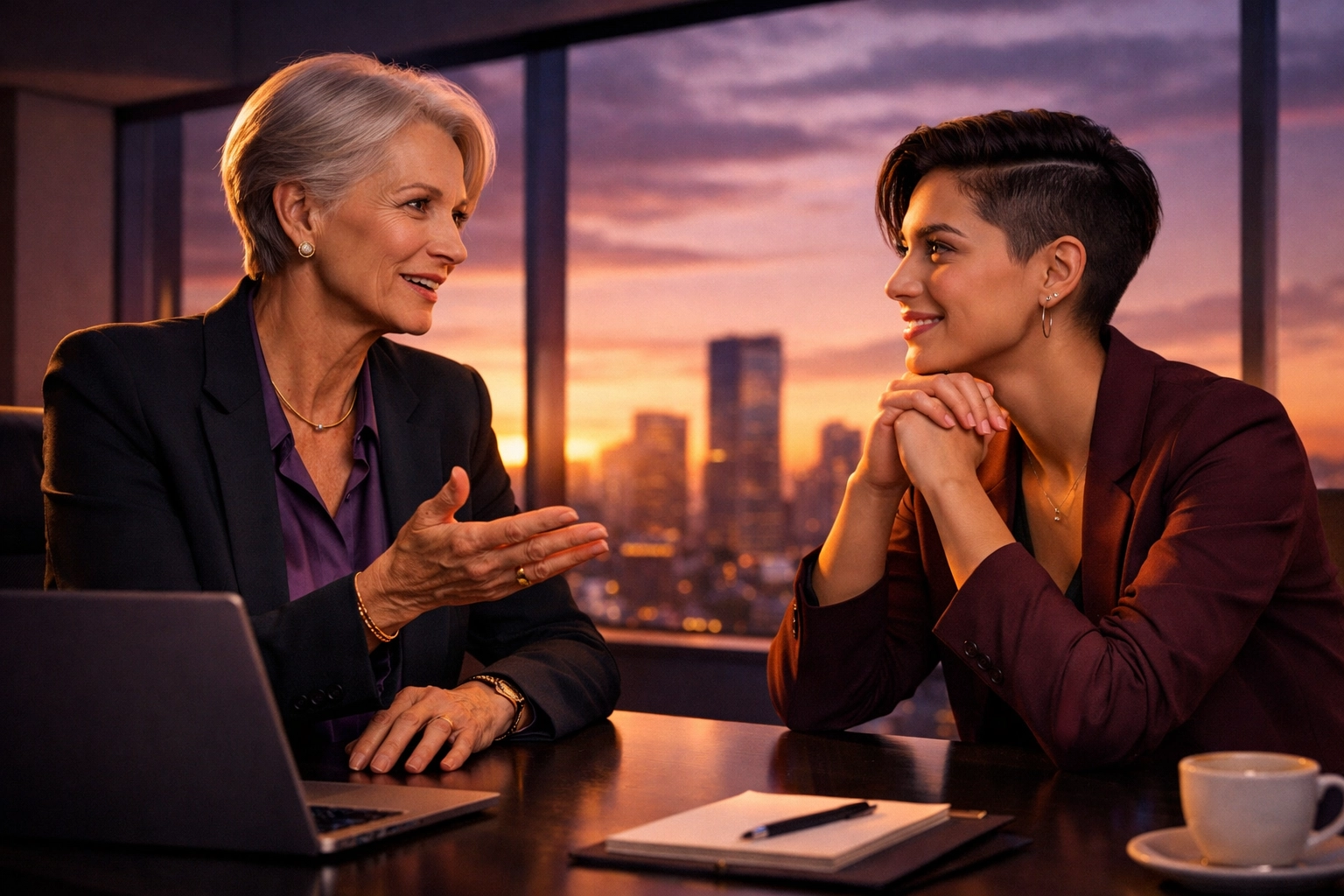 A lesbian mentor and young queer professional discussing career growth in a modern office at sunset.
