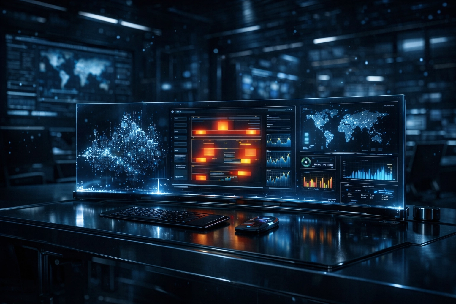 Holographic data analytics interface displaying website performance metrics and user behavior heatmaps.