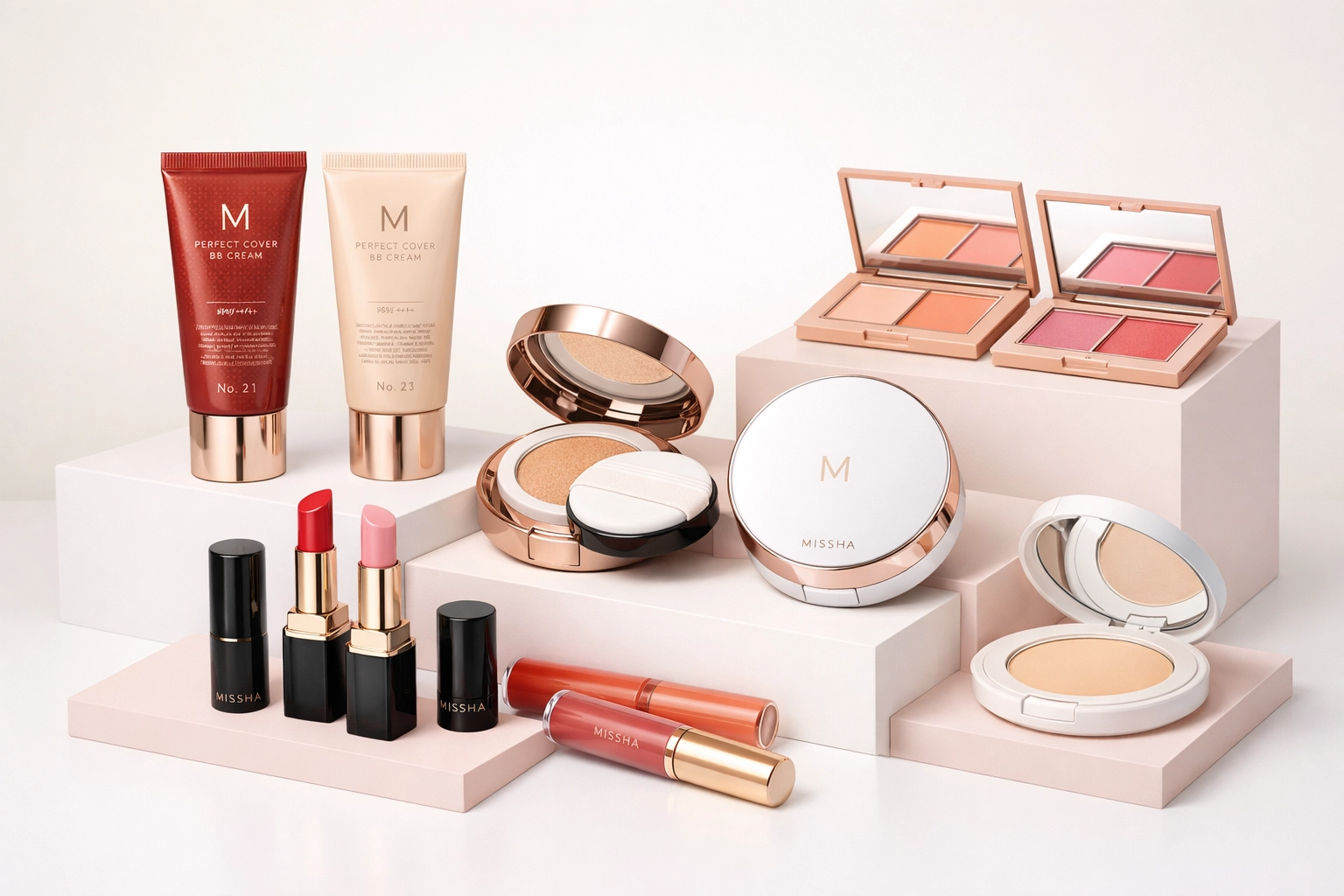 Complete MISSHA makeup collection including BB creams, cushions, and lipsticks - Korean cosmetics