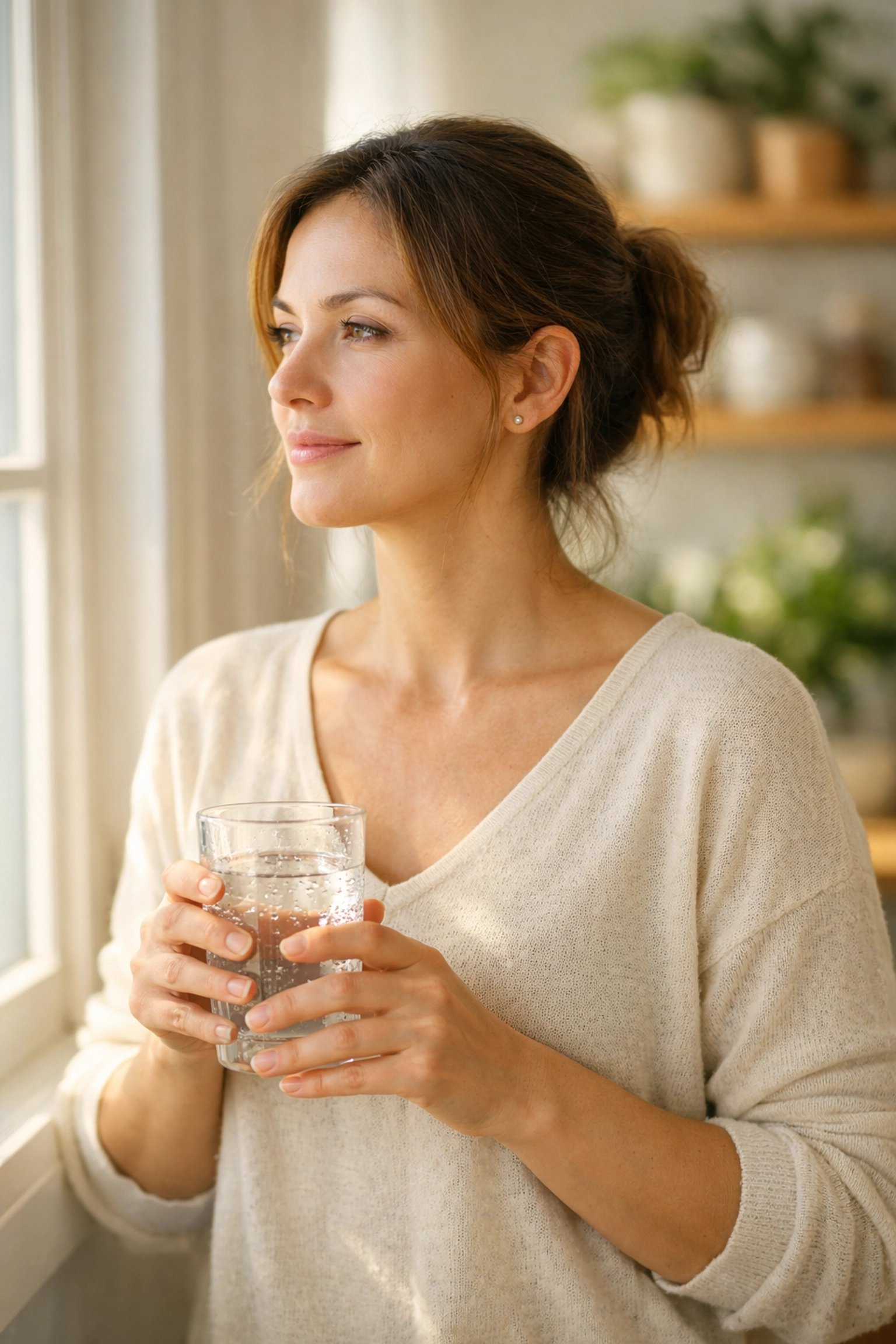 A woman practicing mental health wellness by drinking water to manage stress eating in a sunny kitchen.