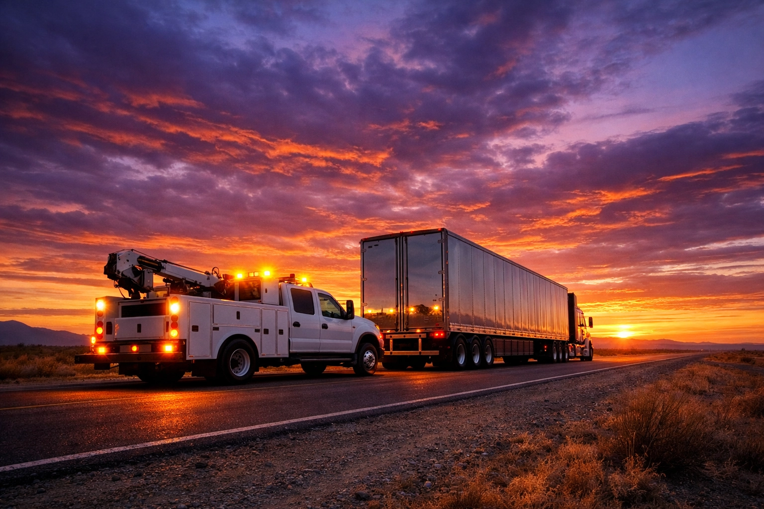 Mobile semi truck repair service vehicle assisting a heavy-duty truck on the highway shoulder at sunset.