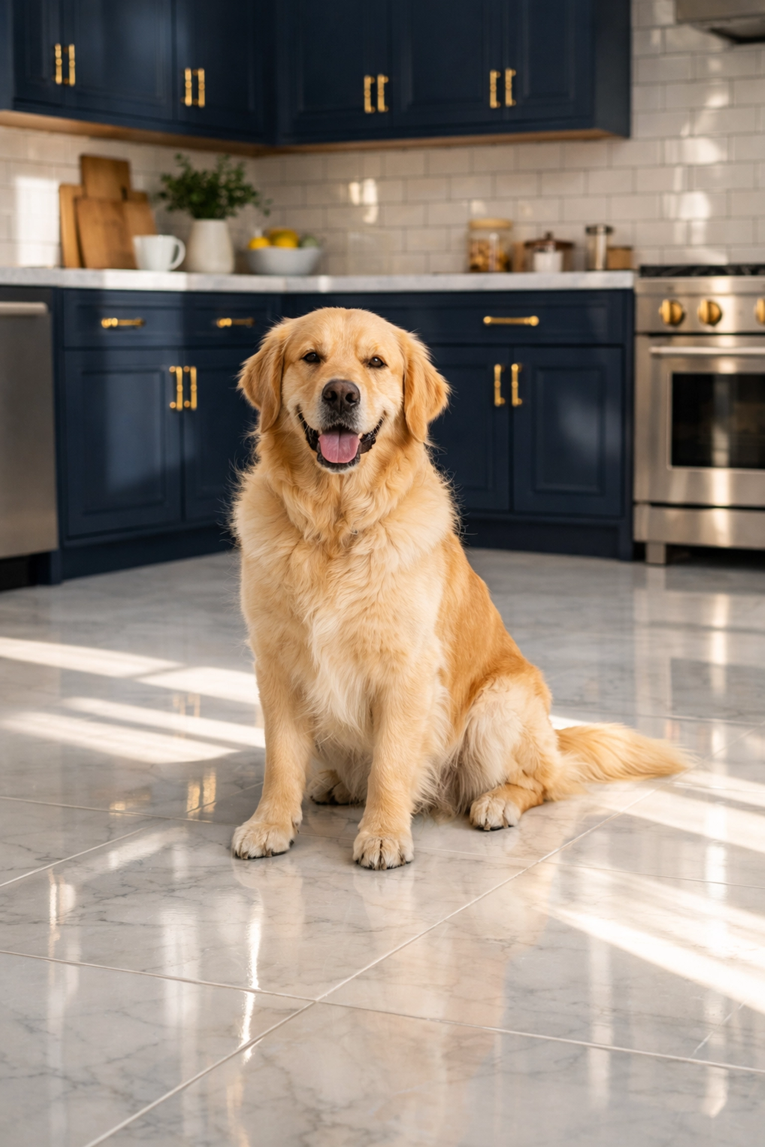 Pet-safe marble kitchen floors cleaned by a professional maid service Cambridge.