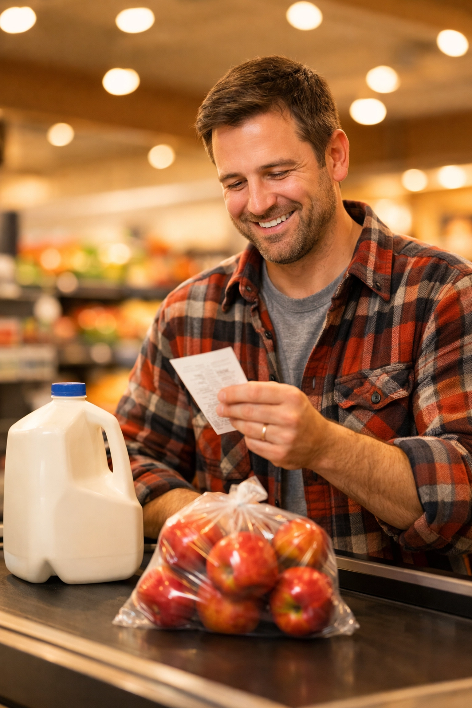 Happy customer at a supermarket checkout relieved by stable grocery prices and wage growth.