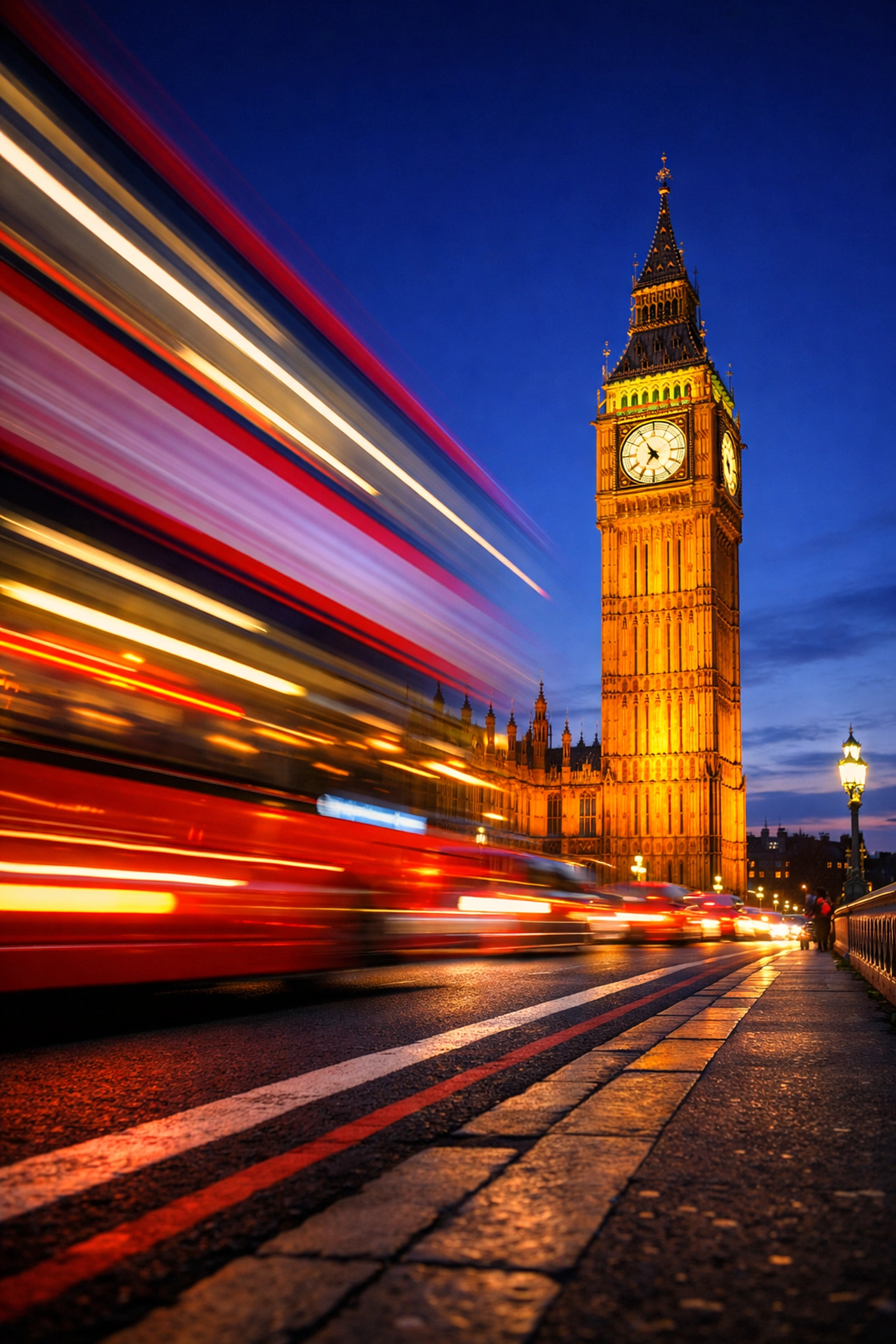 Big Ben and Westminster Bridge at night with red bus light trails in London.