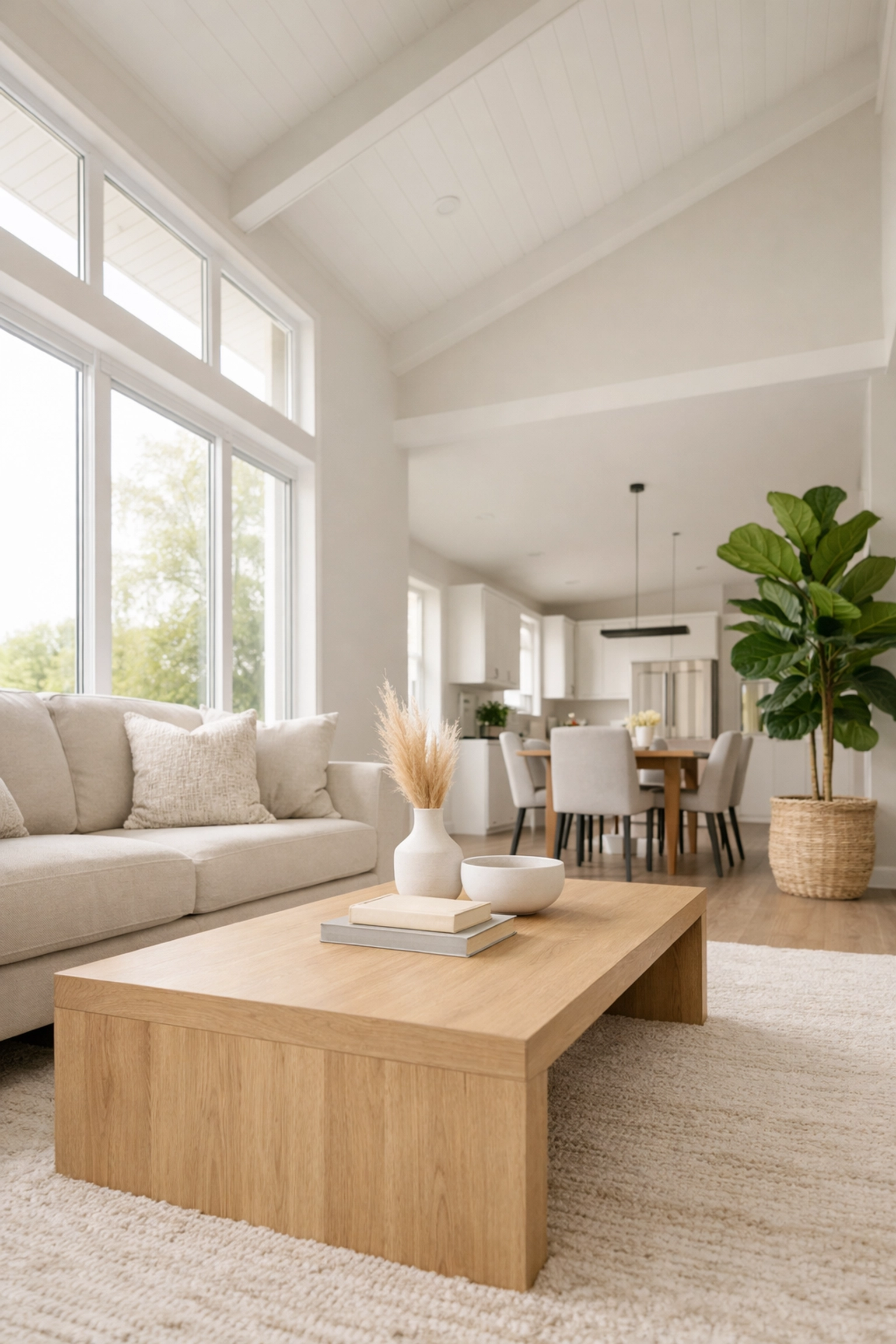 Modern manufactured home living area with vaulted ceilings and natural light for downsizing in Texas.