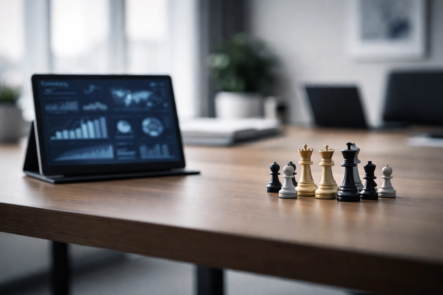 Executive desk in minimalist office displaying data tablet and chess pieces, symbolizing balance of tech and strategy