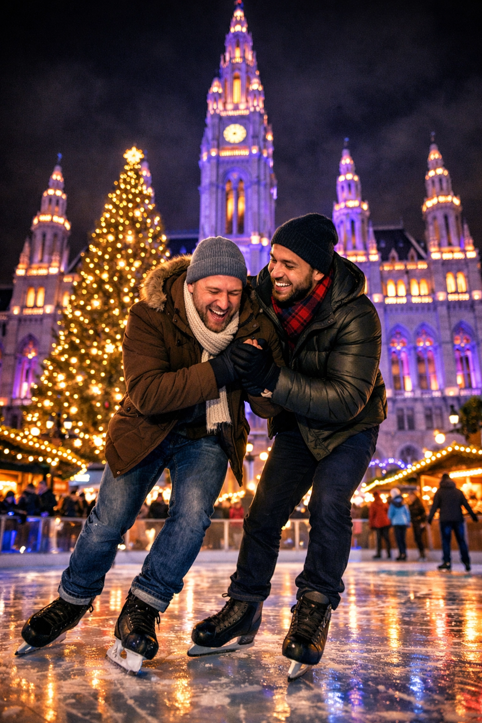 Two men ice skating together at Vienna Rathaus Christmas market with illuminated City Hall