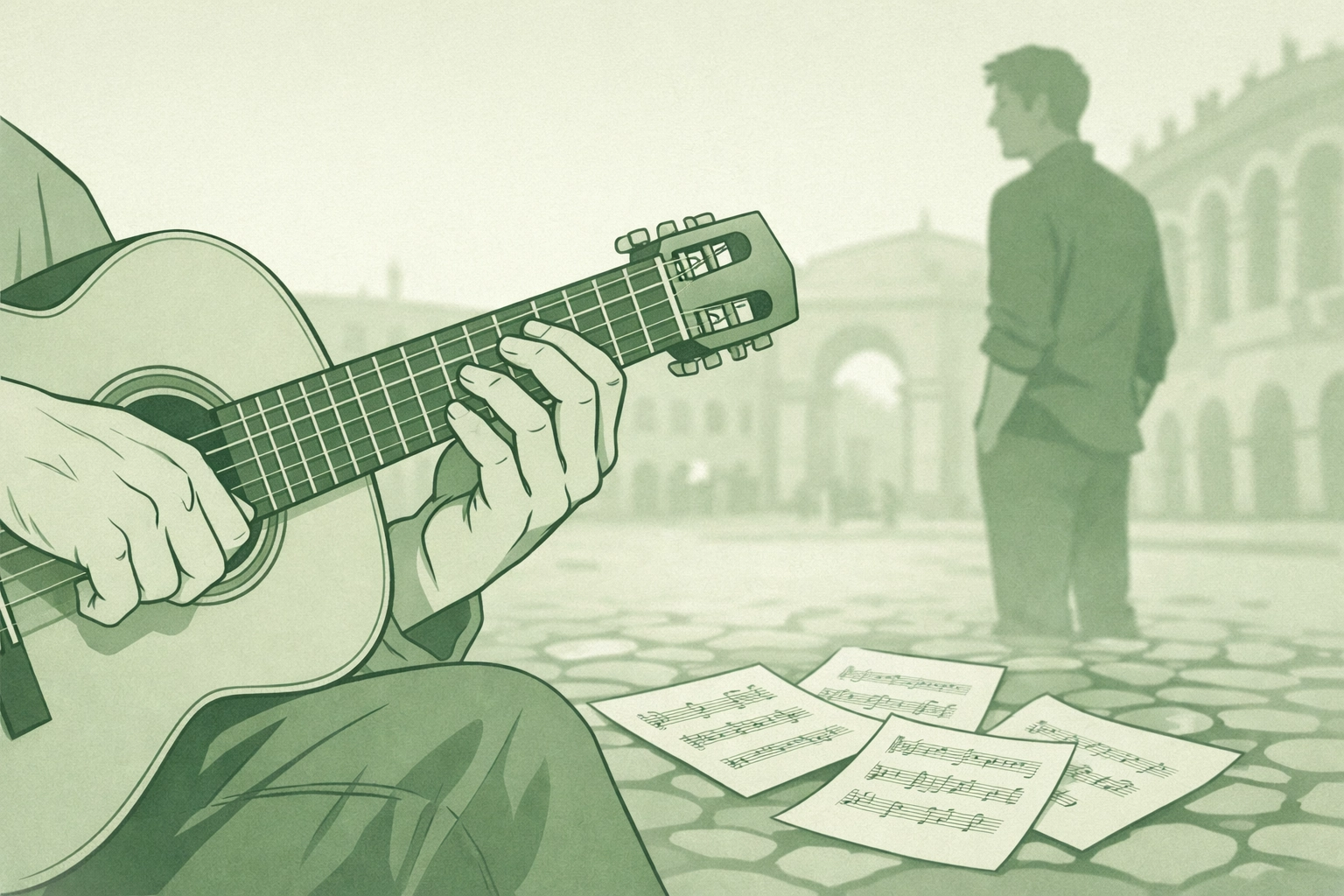 Classical guitar performance in Verona piazza - gay romance music connection