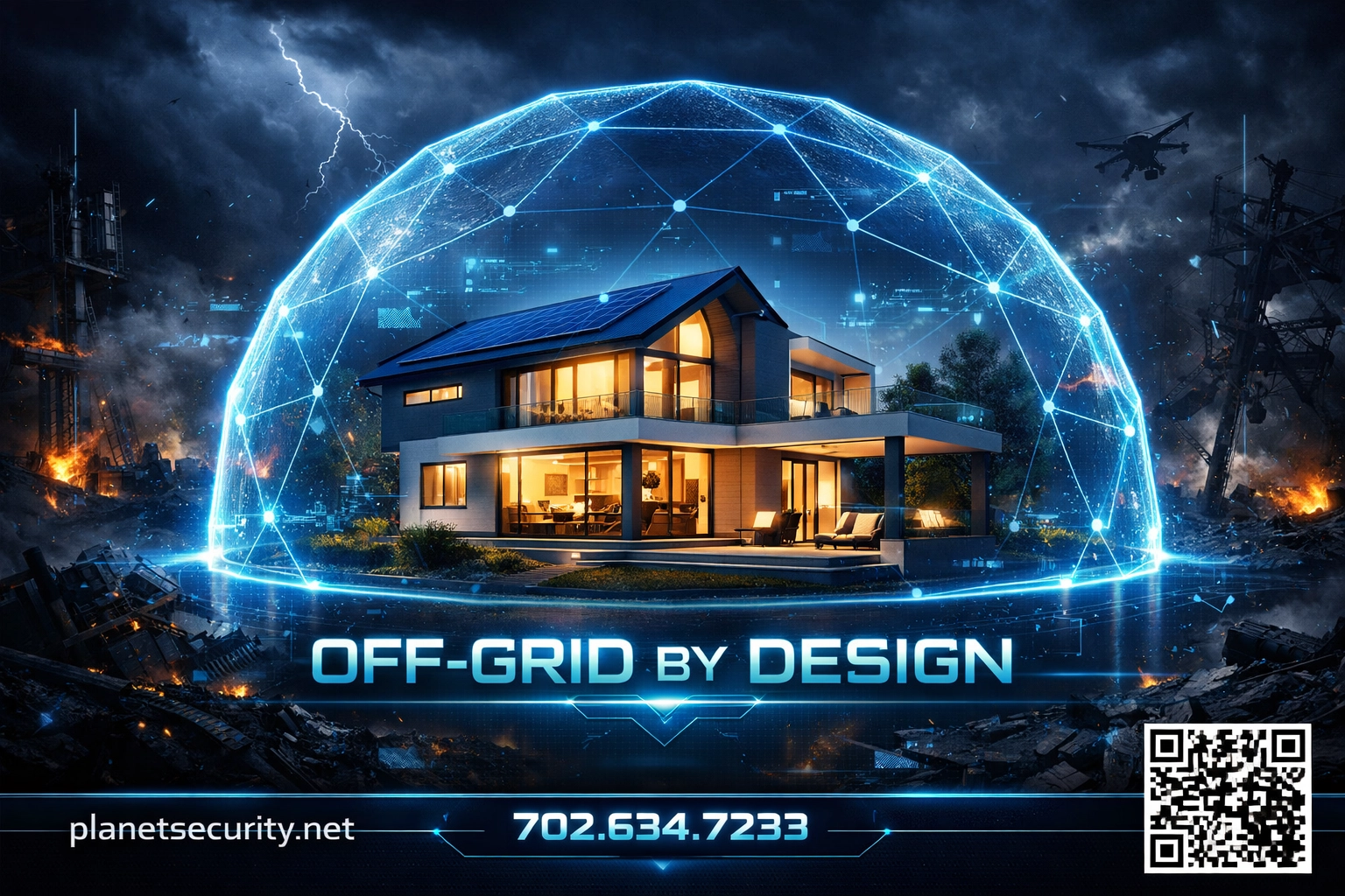 Resilient home with off-grid power security shielded from an external grid failure.