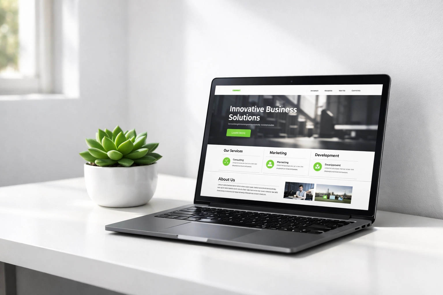 Professional contractor website design displayed on a laptop in a modern minimalist office.