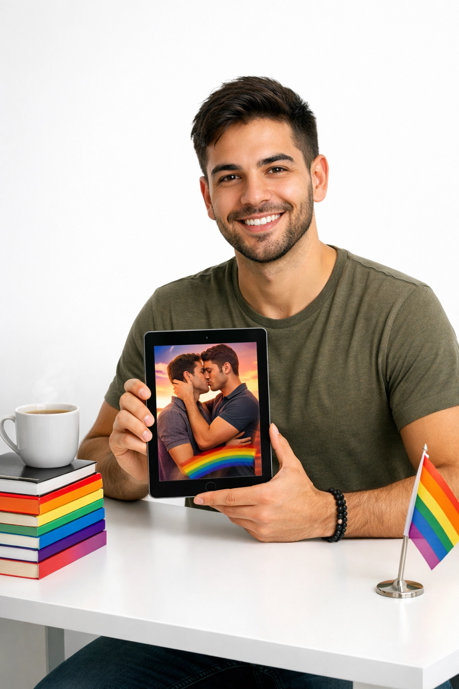Independent gay author with published MM romance books and tablet at workspace