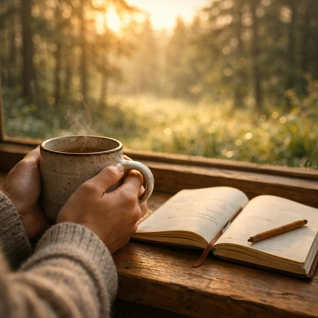 A person holding a coffee mug by a window with an open journal during a peaceful sunrise in the woods.