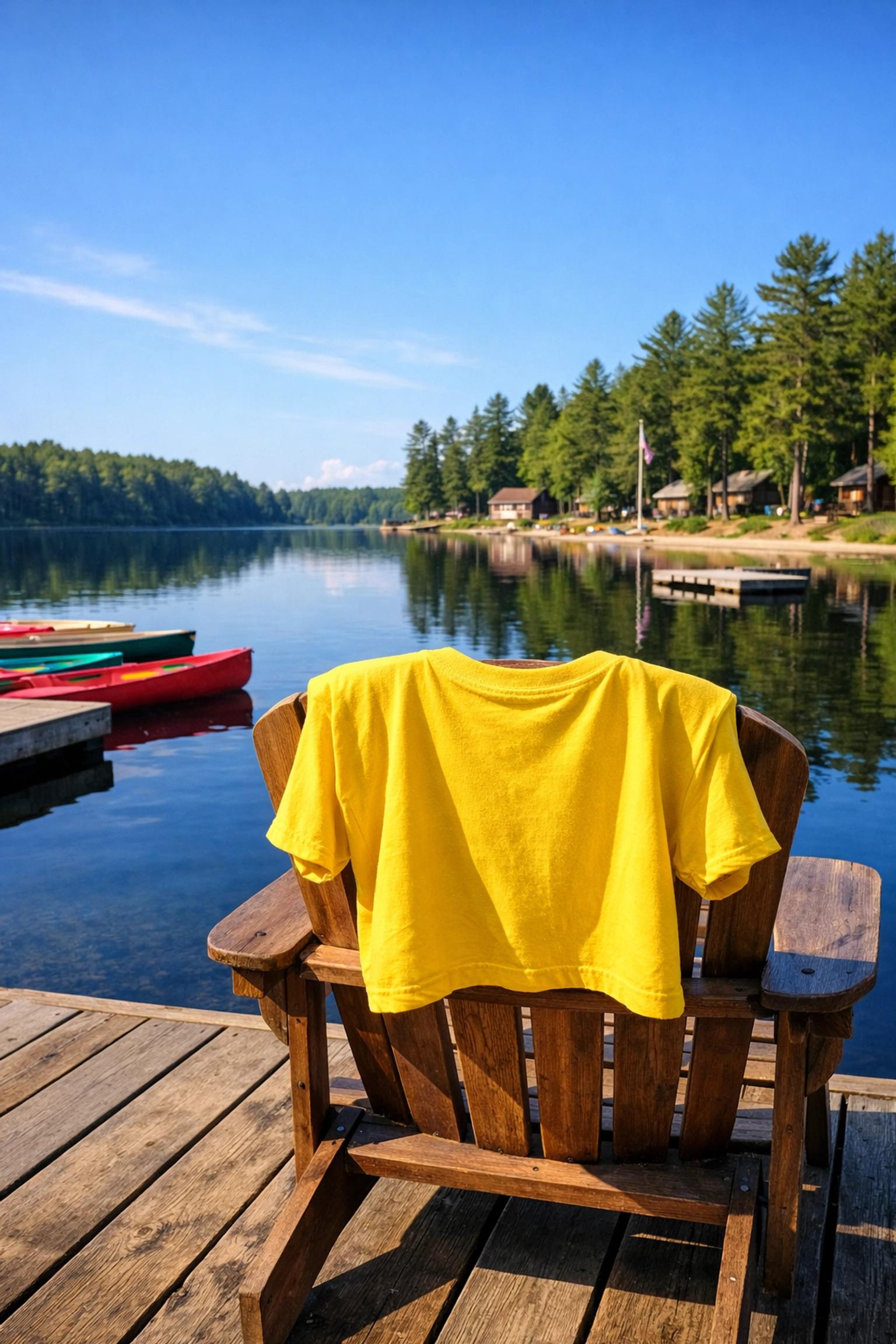 A bright yellow custom camp t-shirt on a chair by a peaceful lake with canoes in the background.