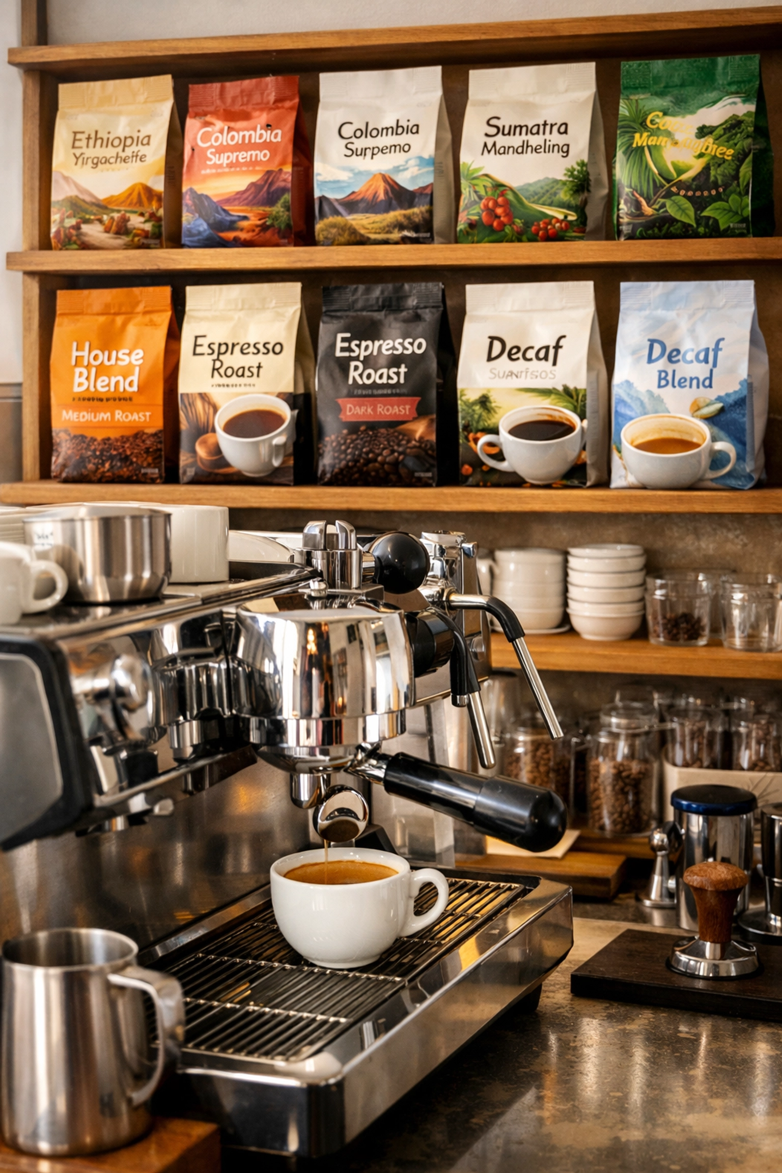 Café counter displaying variety of wholesale coffee bags with espresso machine