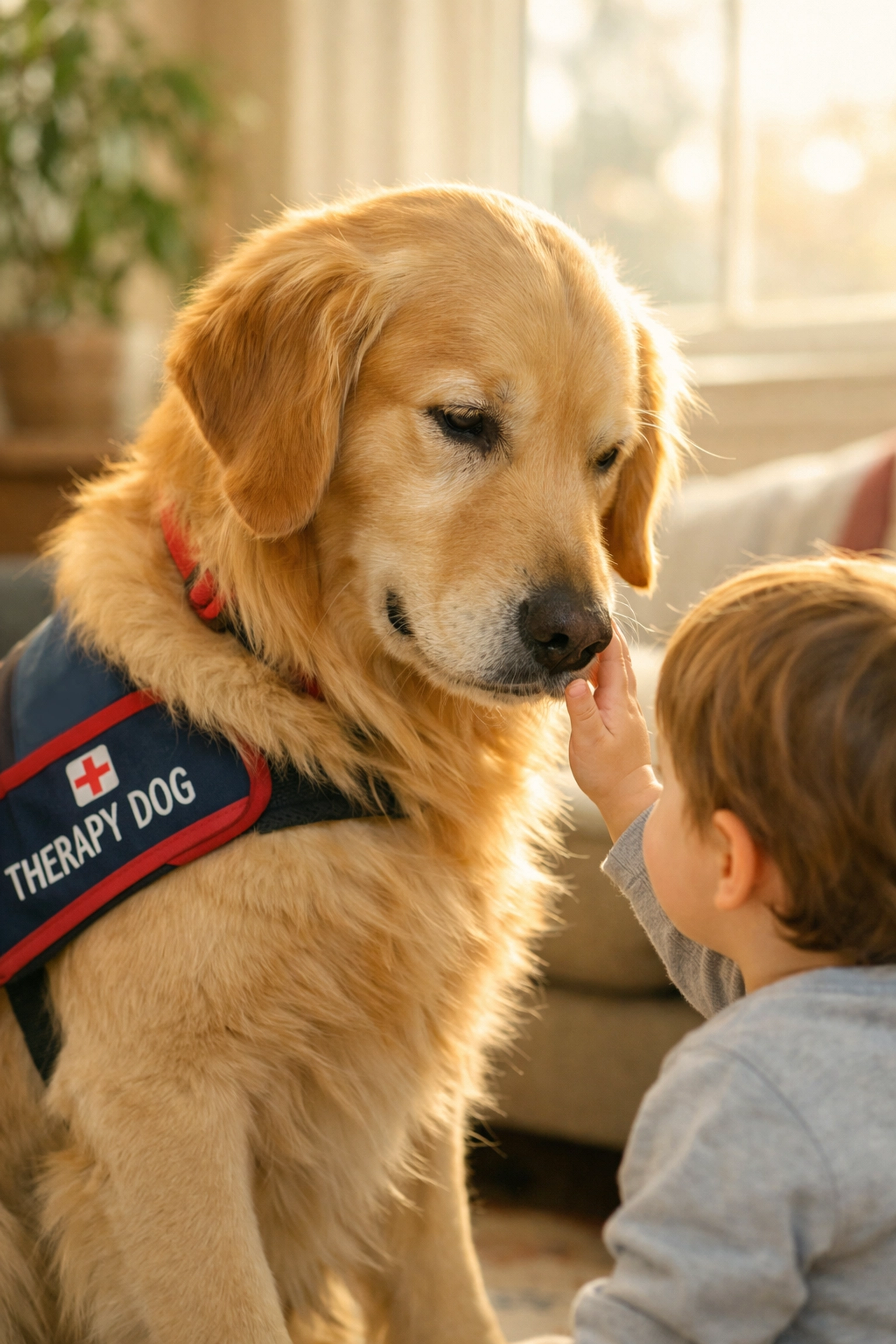 Therapy dog Golden Retriever demonstrating emotional intelligence with child