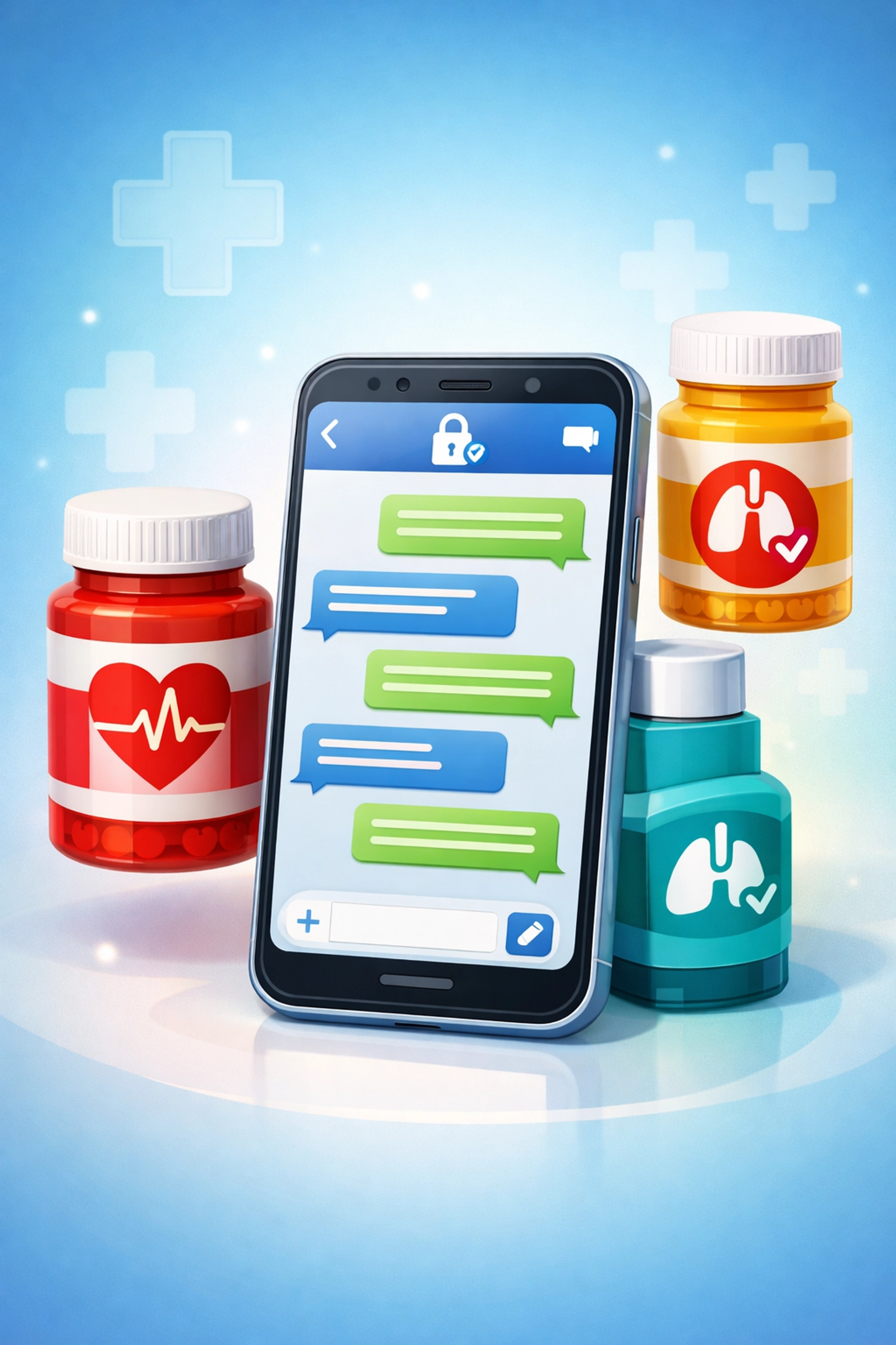 Smartphone displaying online prescription refill service for asthma, blood pressure, and cholesterol meds