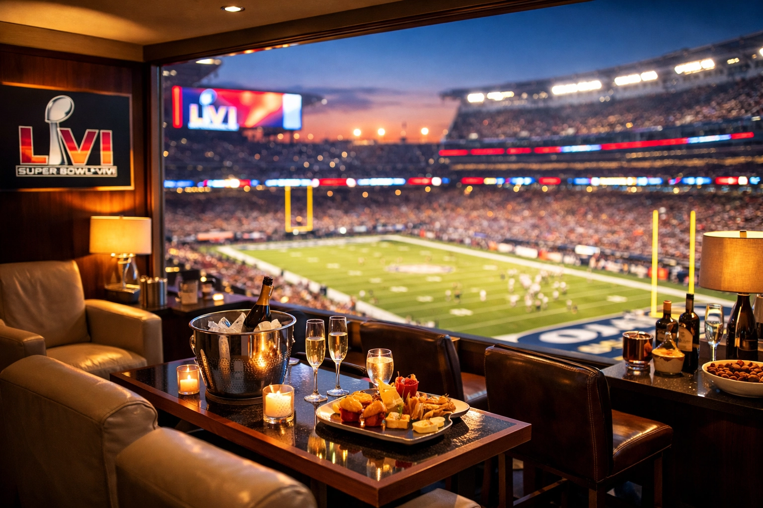 Luxury VIP corporate suite overlooking Super Bowl stadium at twilight