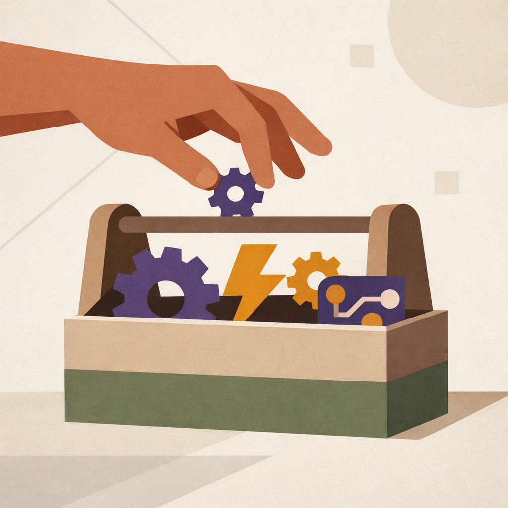 Hand selecting AI tools from toolbox illustrating strategic brand agency approach