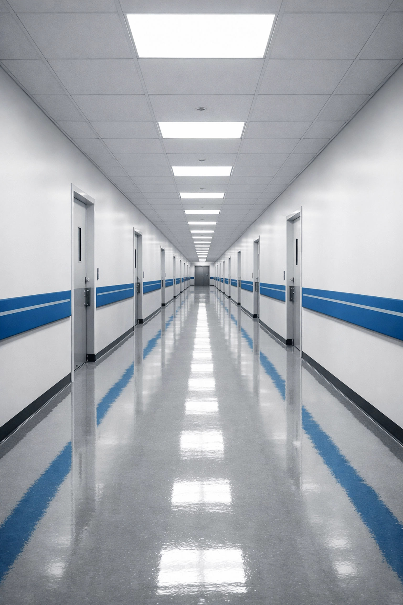 Symmetrical sterile hospital corridor representing the systemic challenges in hospital operations.