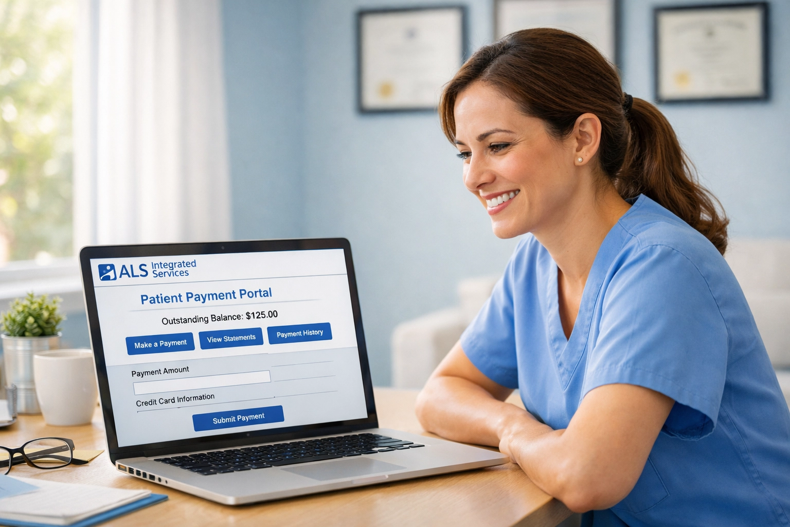 Healthcare professional using digital patient payment portal at modern clinic desk