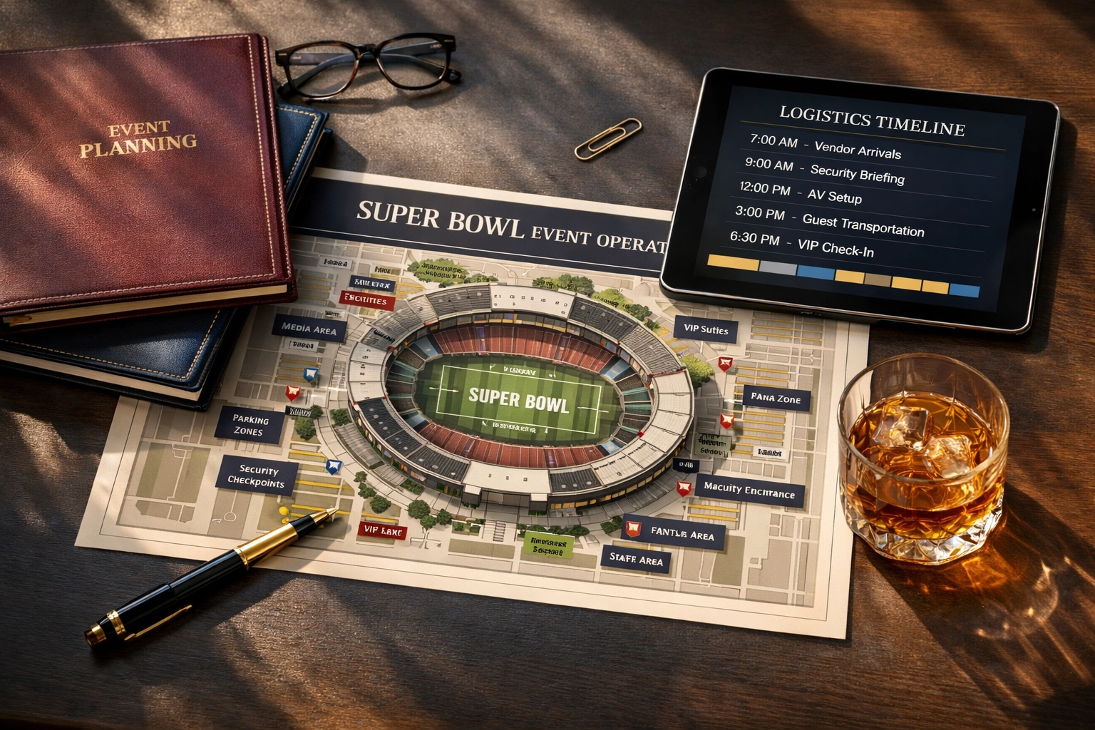 Executive event planning workspace with Super Bowl venue maps and logistics timelines
