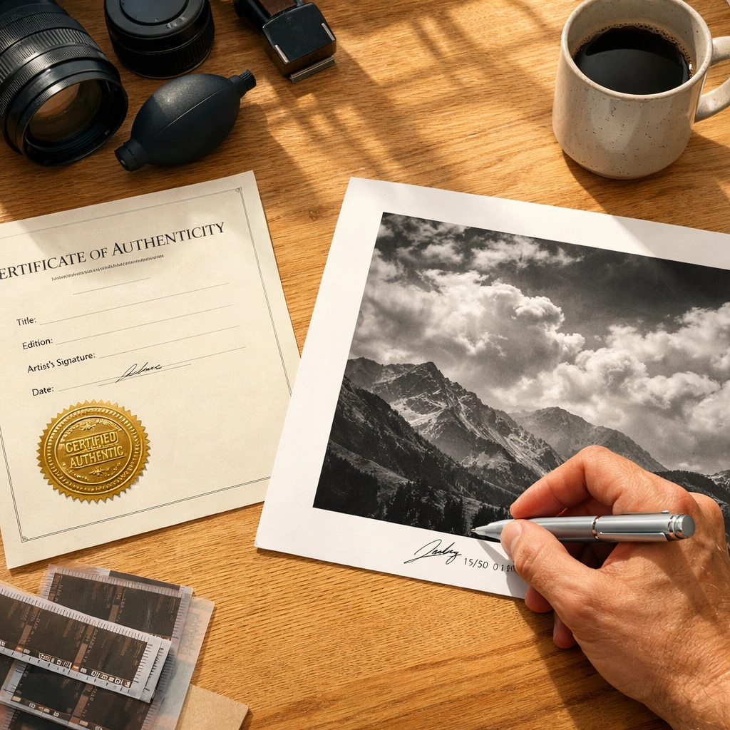 Artist signing a limited edition photography print alongside a signed certificate of authenticity for art prints.