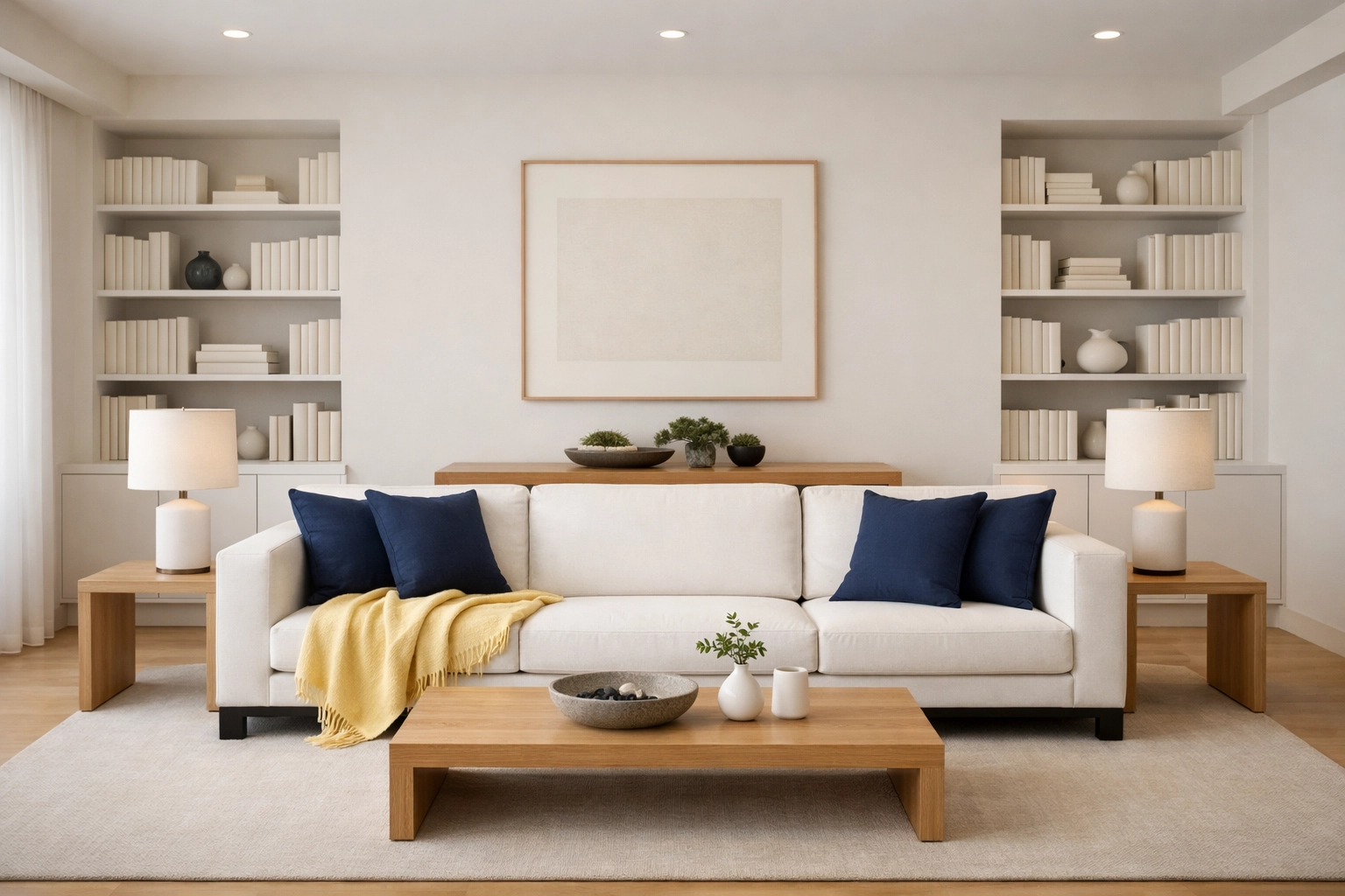 A stress-free and organized living room in Massachusetts maintained by professional cleaning services.