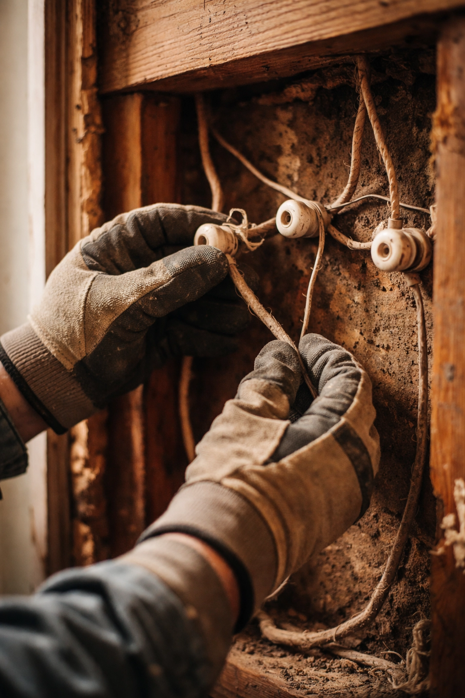 Electrician inspecting knob-and-tube wiring in an older Dearborn home for safety issues