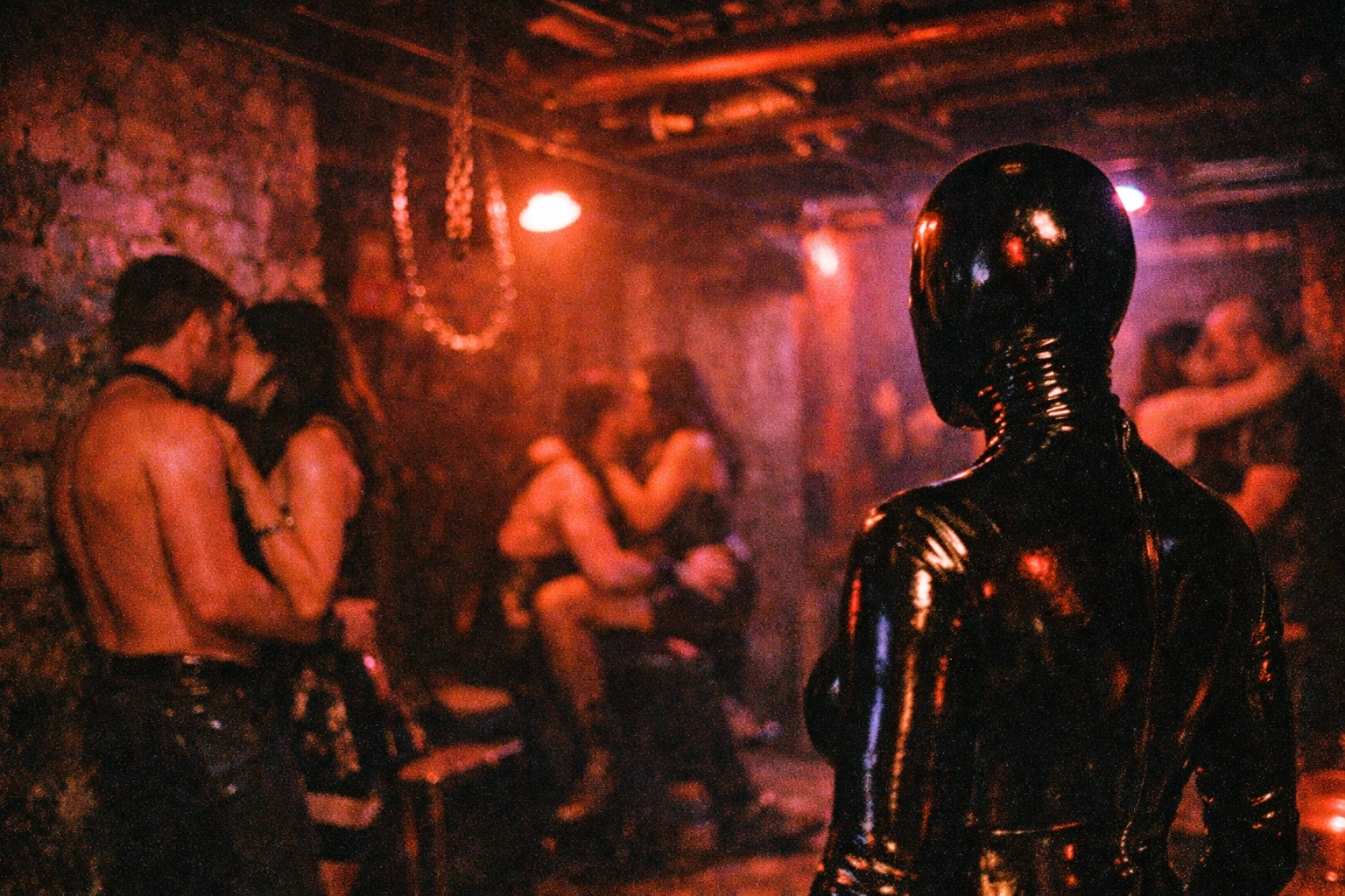 Berlin sex-positive club interior with latex-clad observer at kink party demonstrating ethical voyeurism