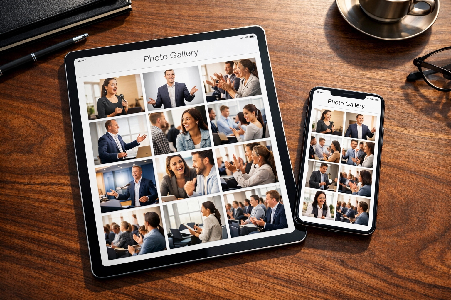 Tablet displaying corporate photography services and conference photo gallery for fast delivery.