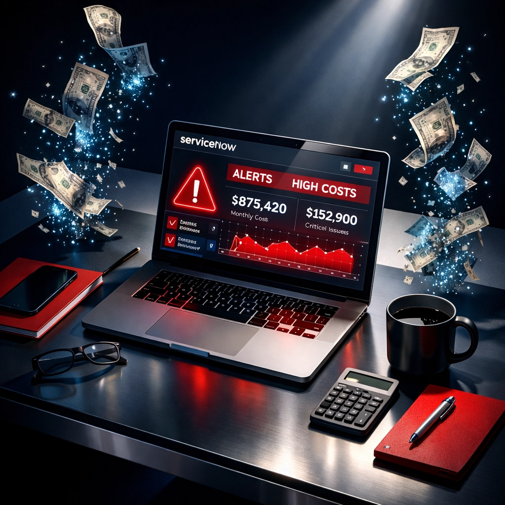 ServiceNow ITOM dashboard showing license cost warnings and budget waste