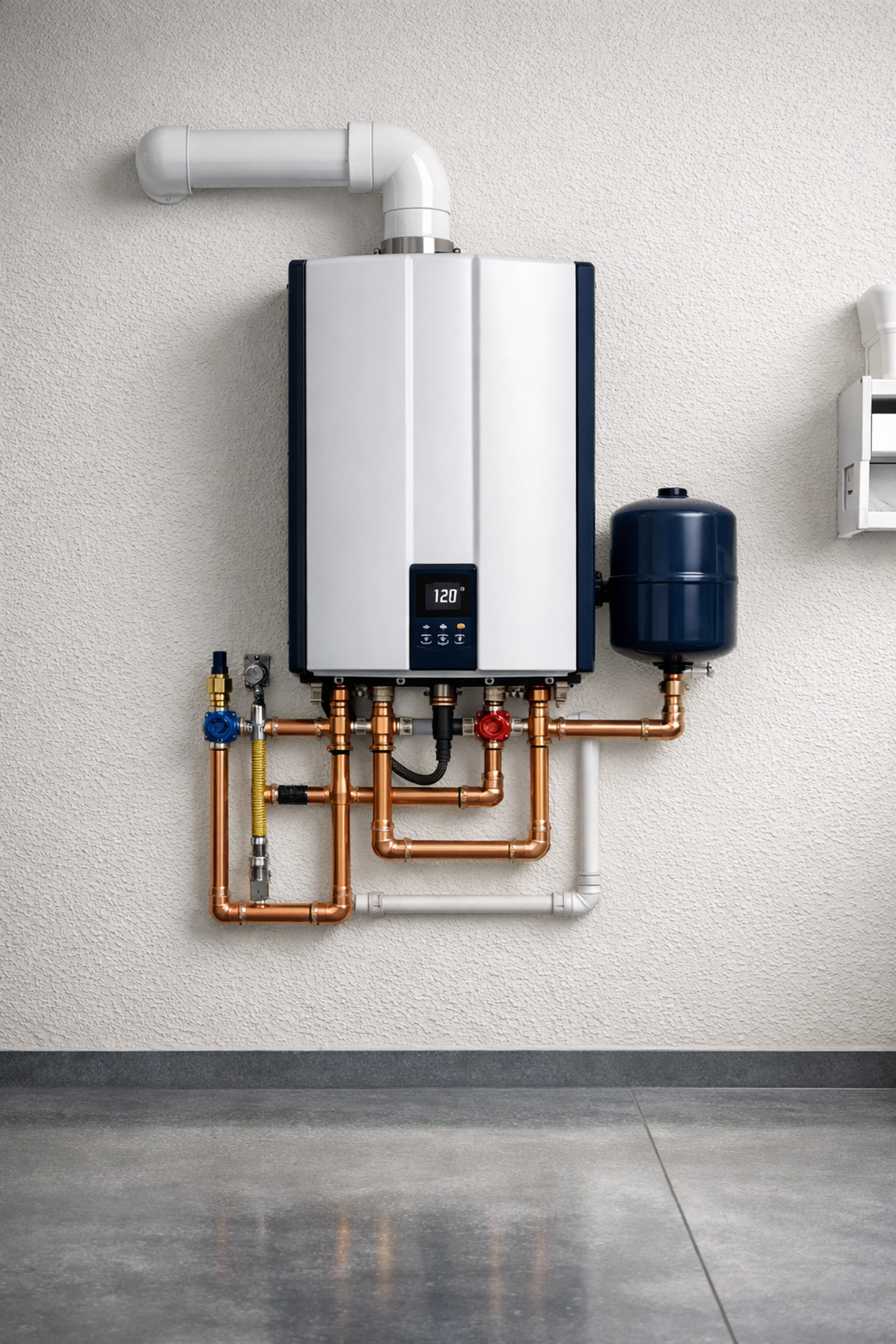 Professional tankless water heater installation in a Chandler garage by Bucksworth Home Services plumbing experts.