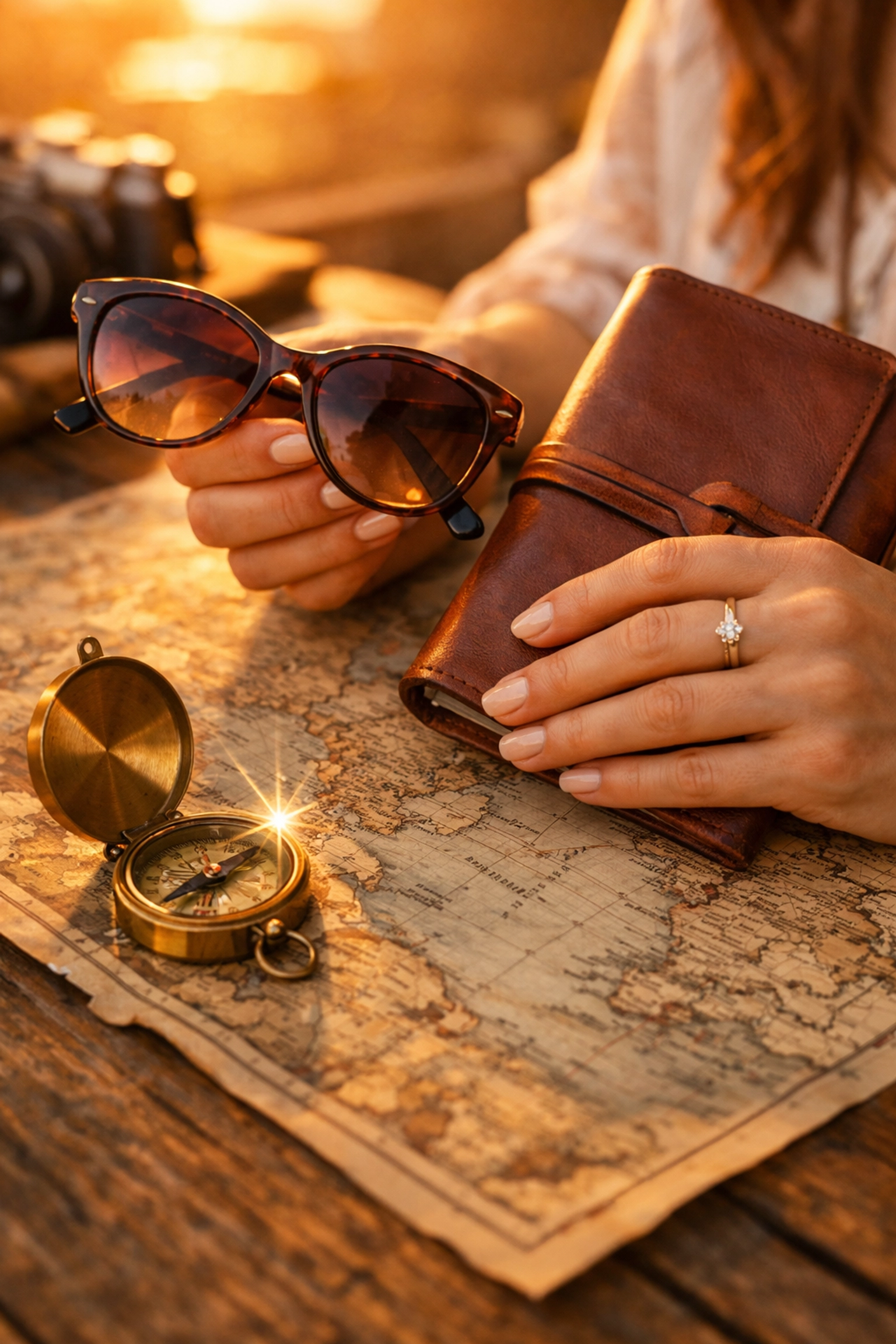 A travel map and journal on a table, symbolizing a new career as a travel advisor.