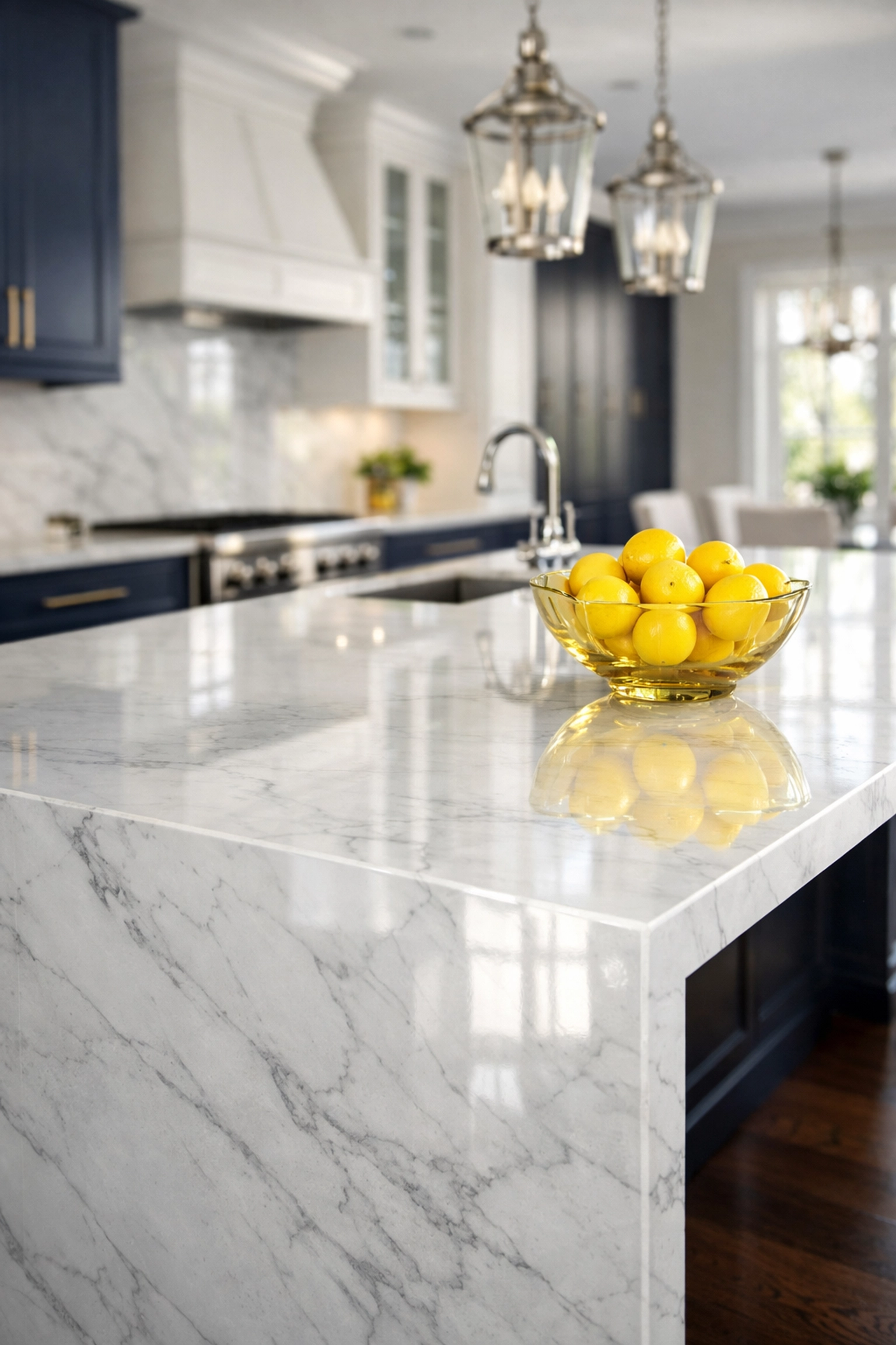 Immaculate luxury kitchen with a marble island, part of a residential cleaning Massachusetts service in Dover.