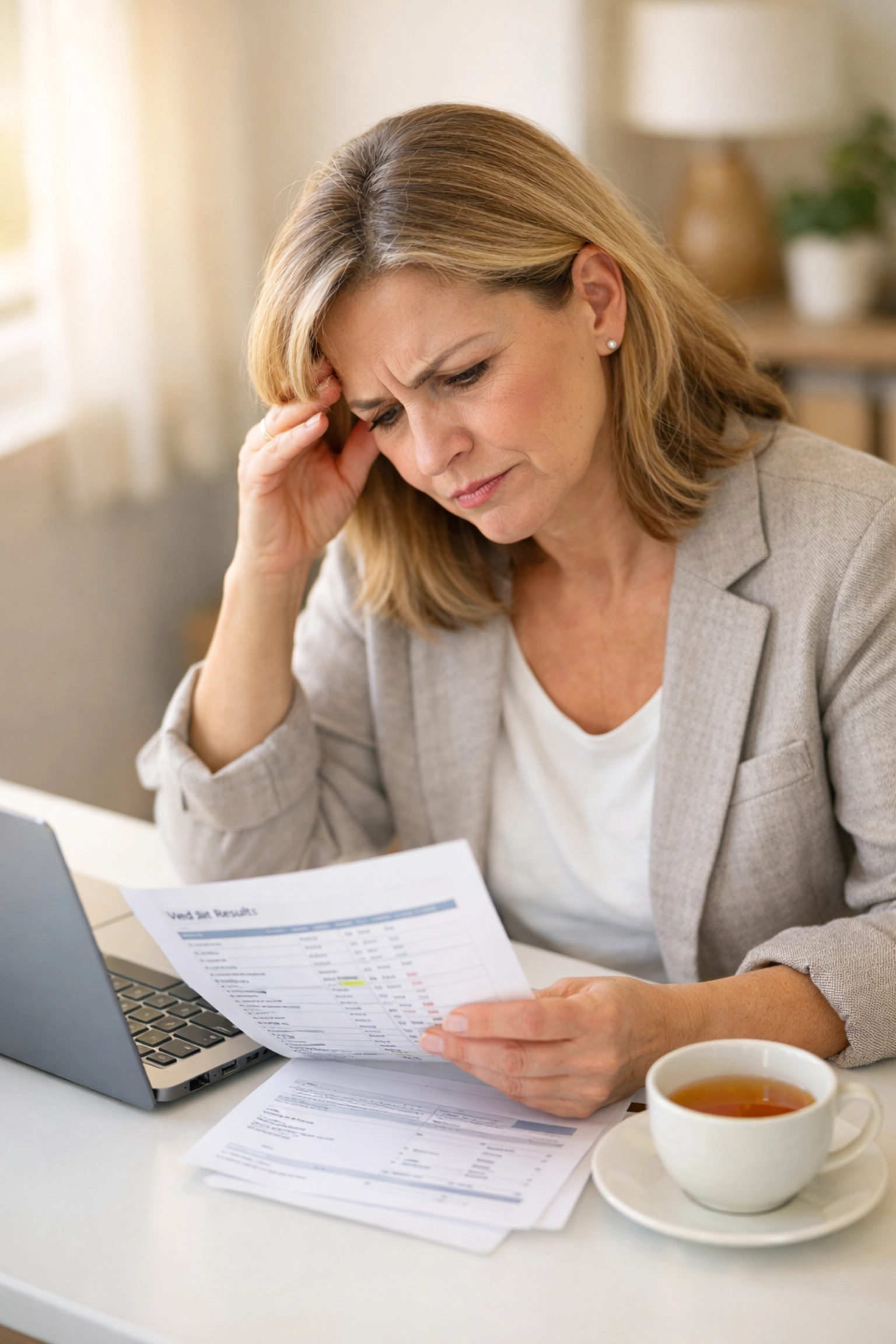 Woman reviewing normal blood test results despite experiencing perimenopause symptoms