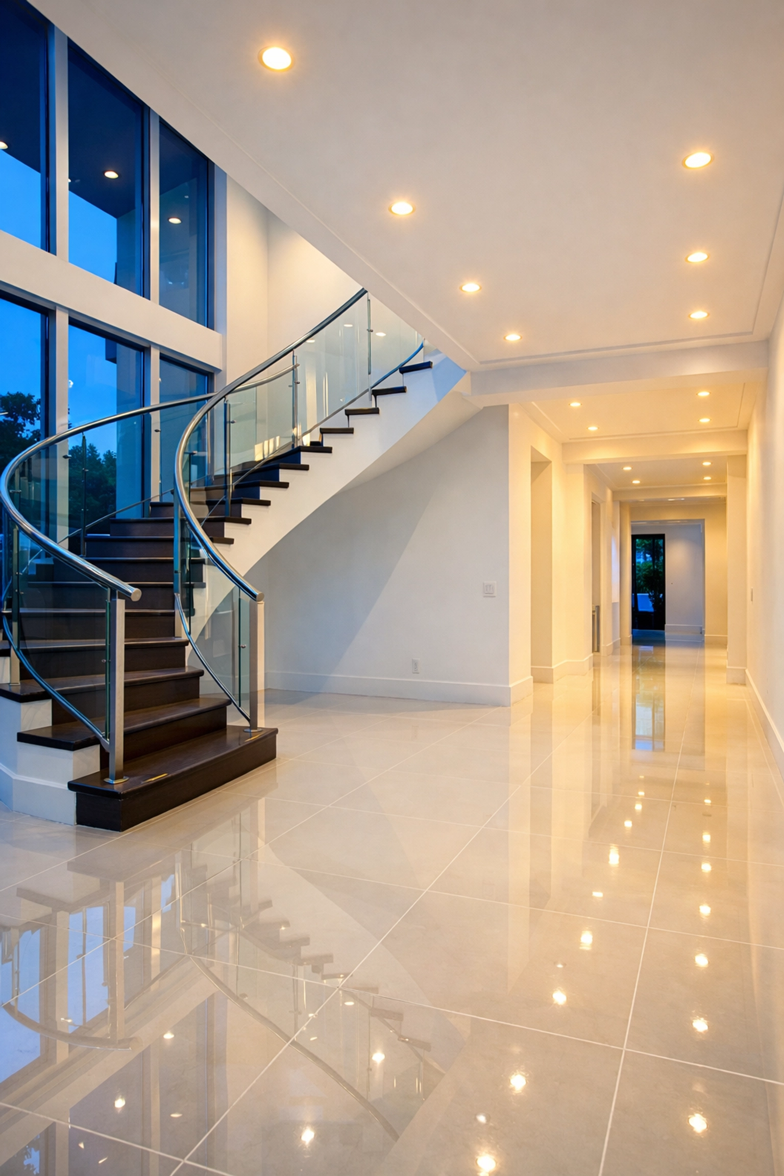 Dust-free grand staircase and porcelain floors in a new build following post-construction cleaning.