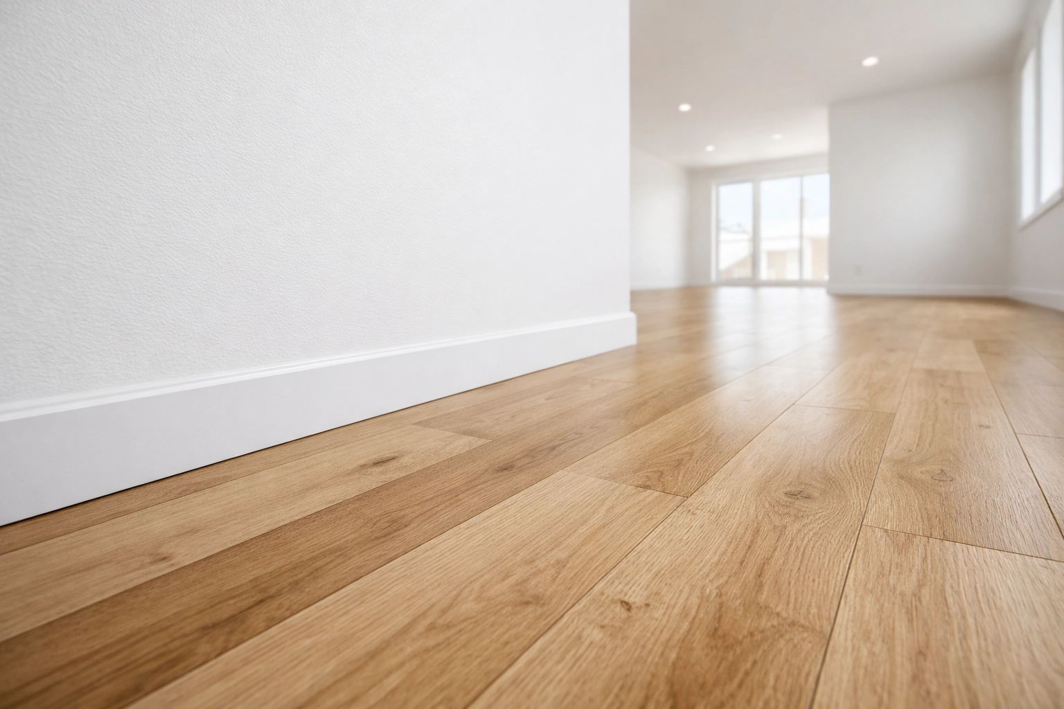 Clean apartment interior featuring new luxury vinyl plank flooring and white walls.