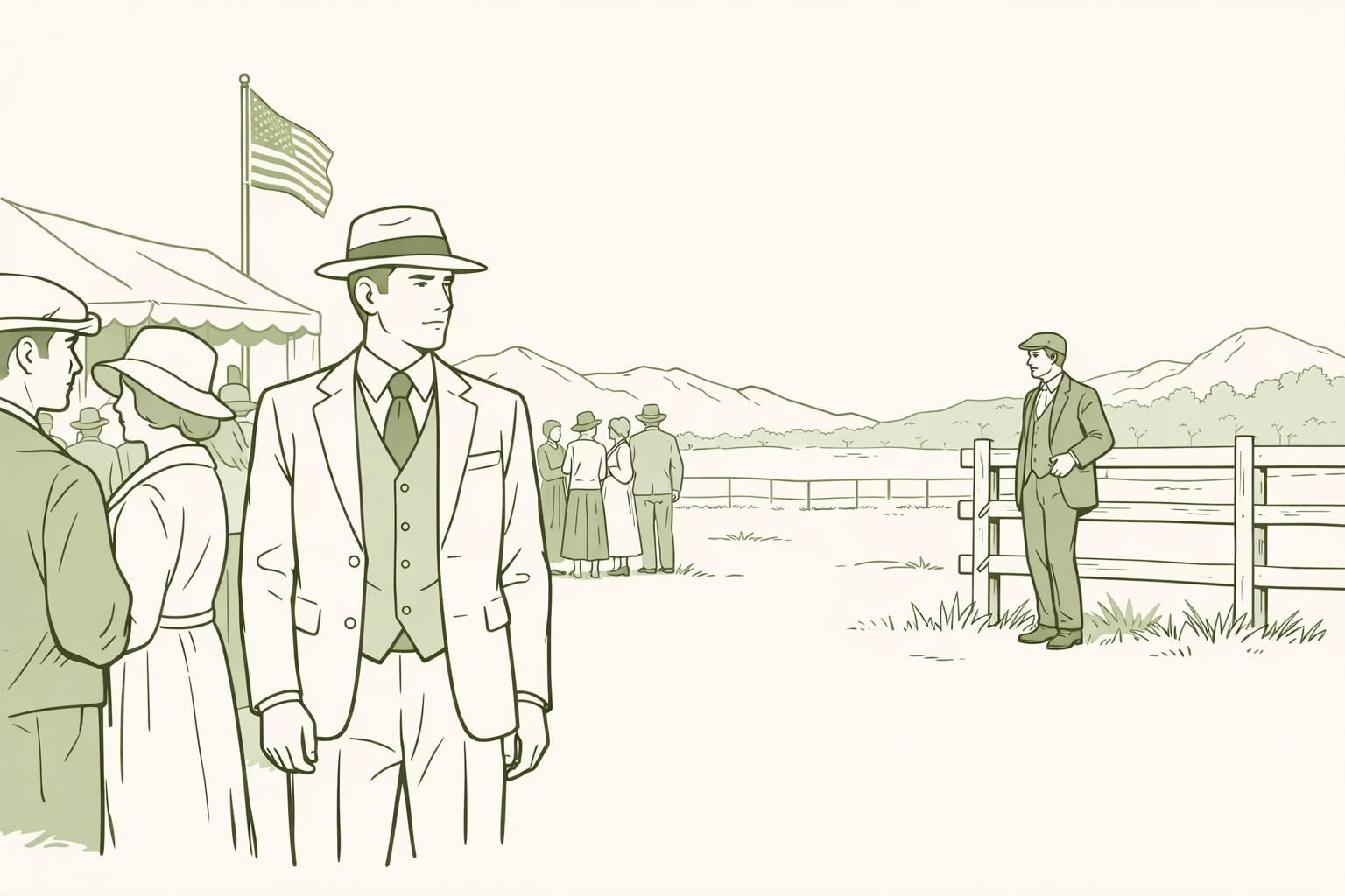 Hidden love in early 1900s - two men maintaining distance at public gathering in Colorado ranch community