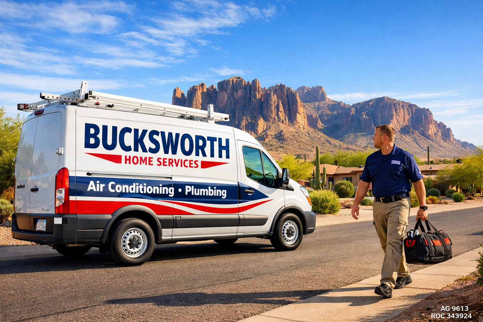 Bucksworth Home Services van providing local AC and plumbing services in Apache Junction near the Superstitions.