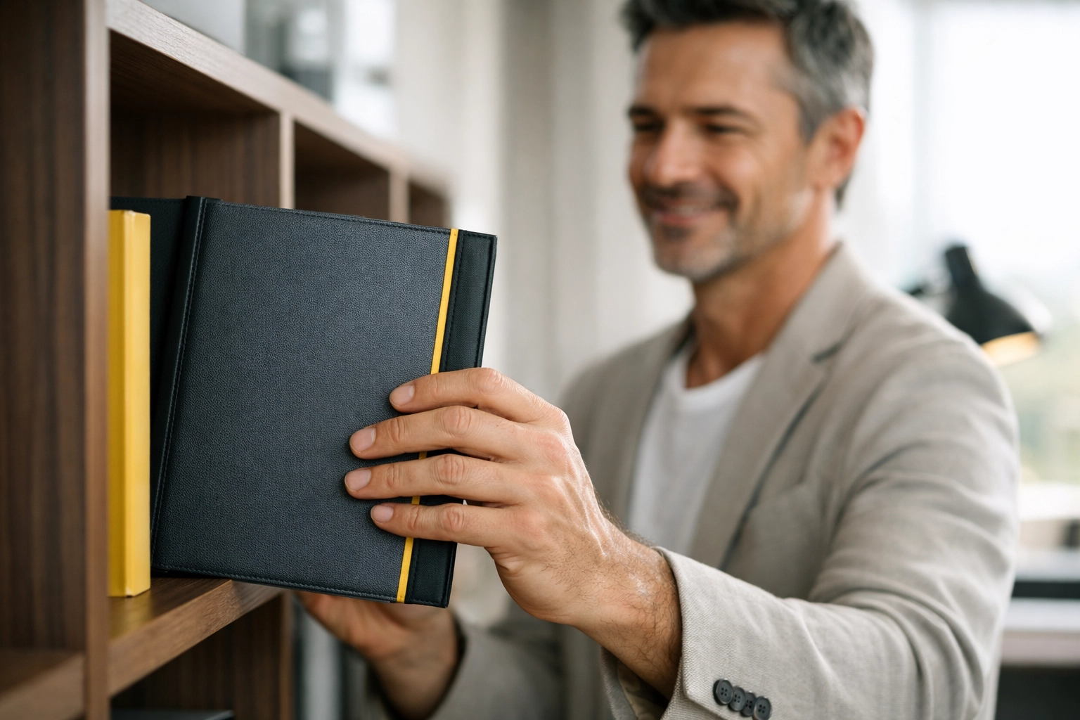 Homeowner retrieving a custom real estate presentation folder from a shelf in a modern home office.