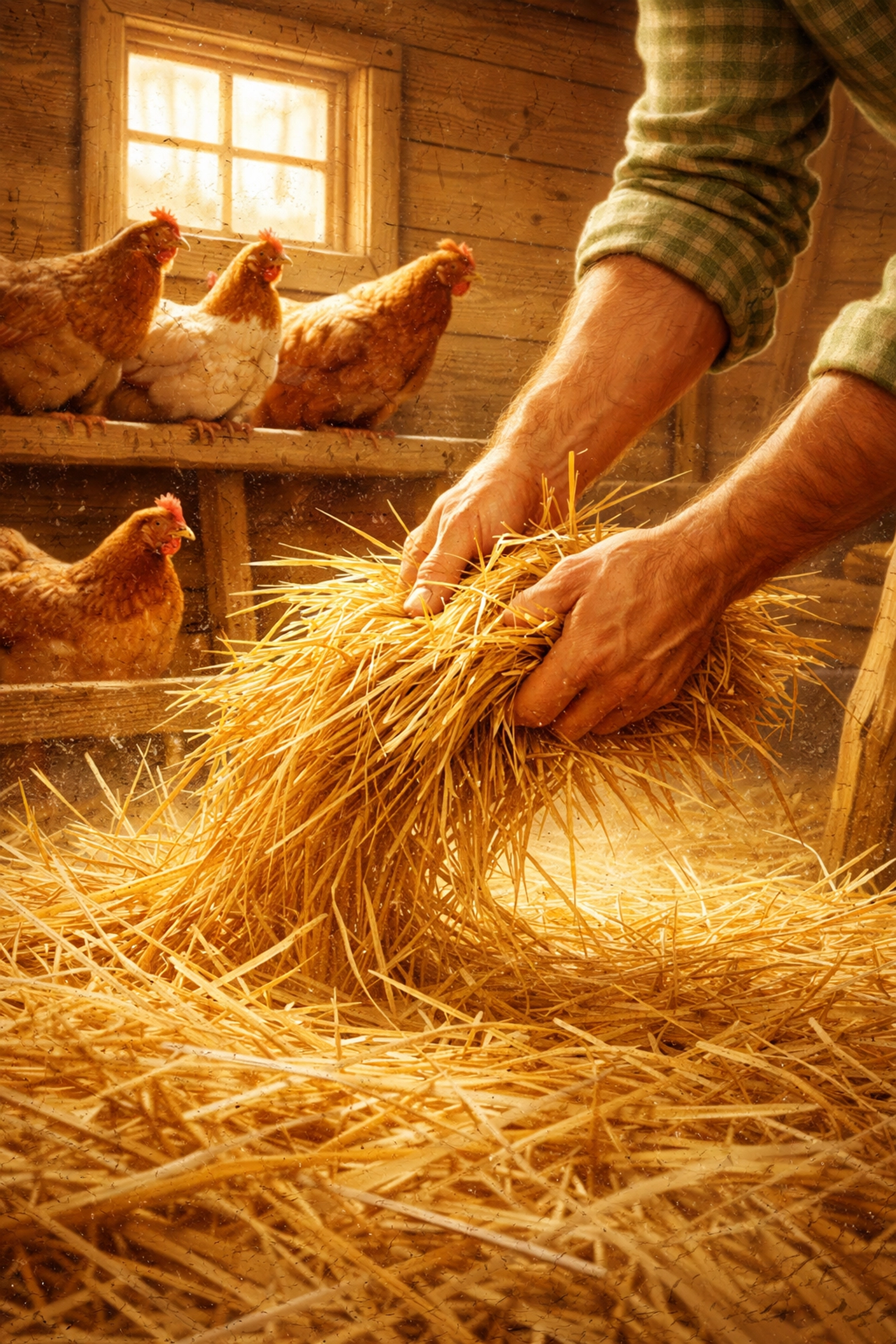 A farmer's hands spread fresh straw bedding in a cozy chicken coop, highlighting the importance of dry, clean conditions for ethical egg production.
