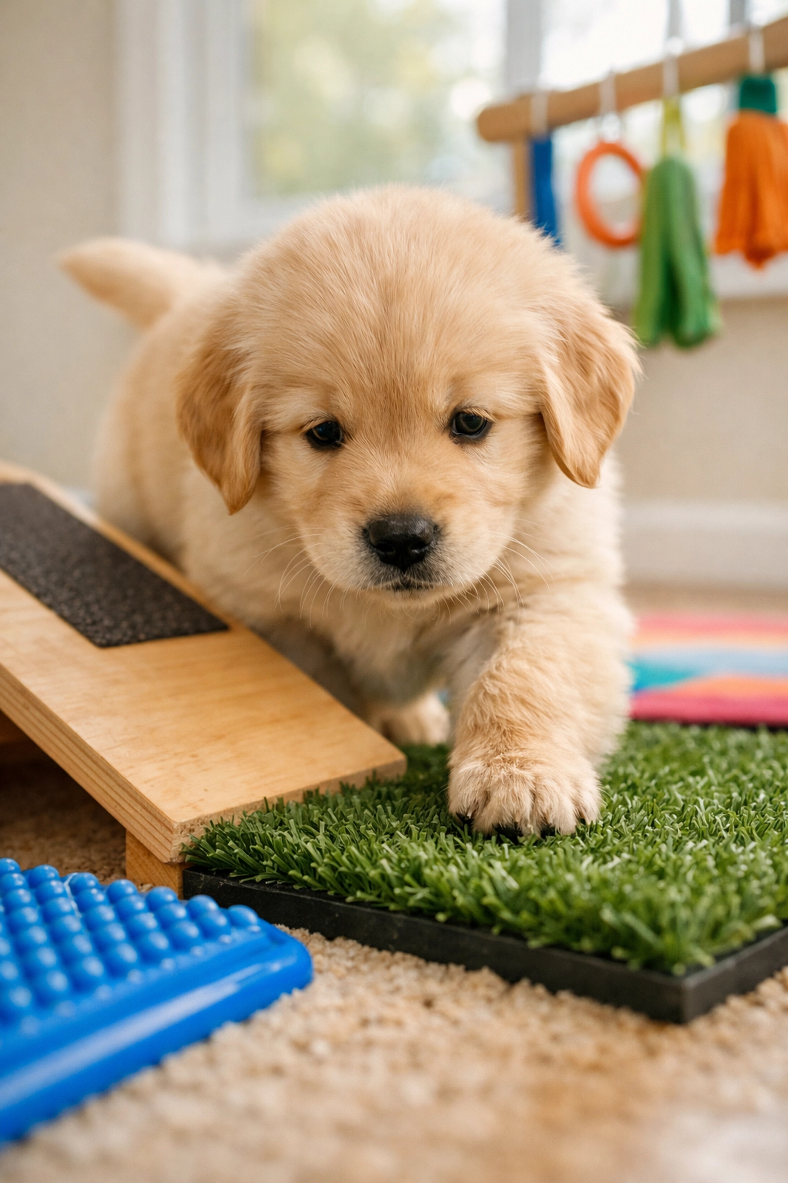 Golden Retriever puppy exploring enrichment activities at NextGen Goldens in Oregon