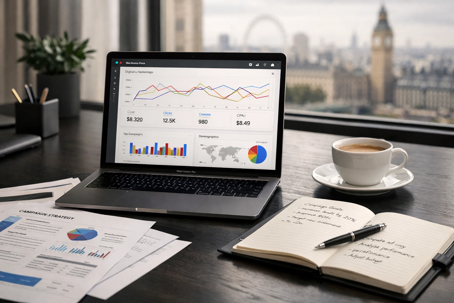 ChatGPT advertising strategy workspace with marketing analytics and campaign planning documents