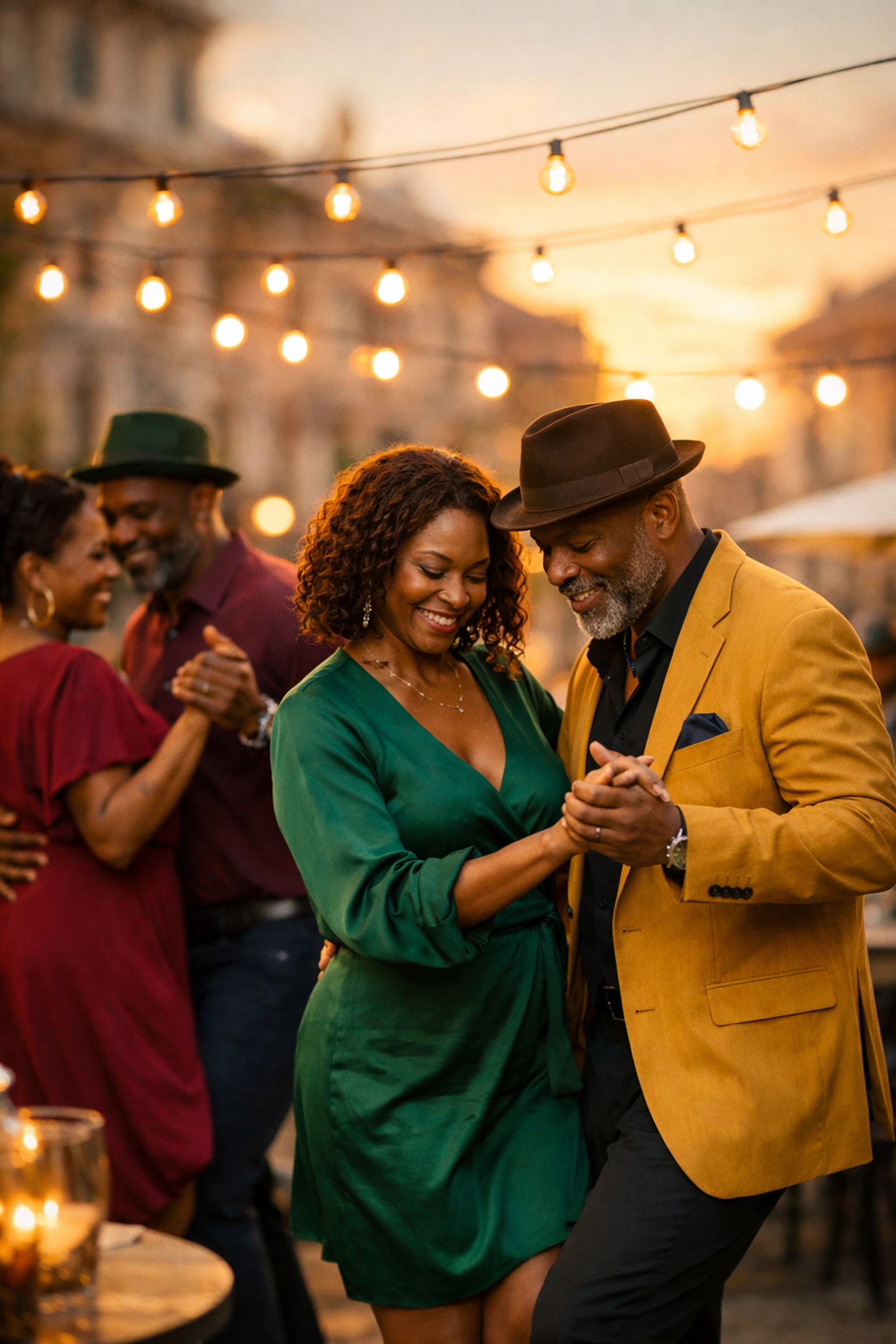 Travelers enjoy Chicago Stepping during a curated group adventure in a beautiful European plaza.