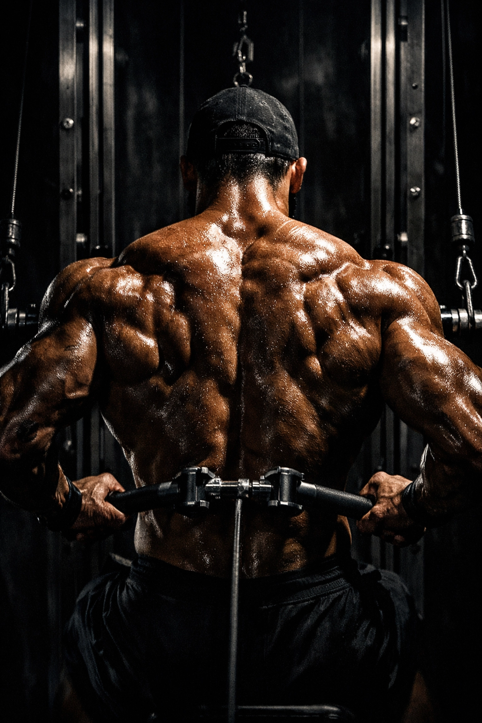 Close-up of back muscles engaged during resistance training on a vertical home gym rail.
