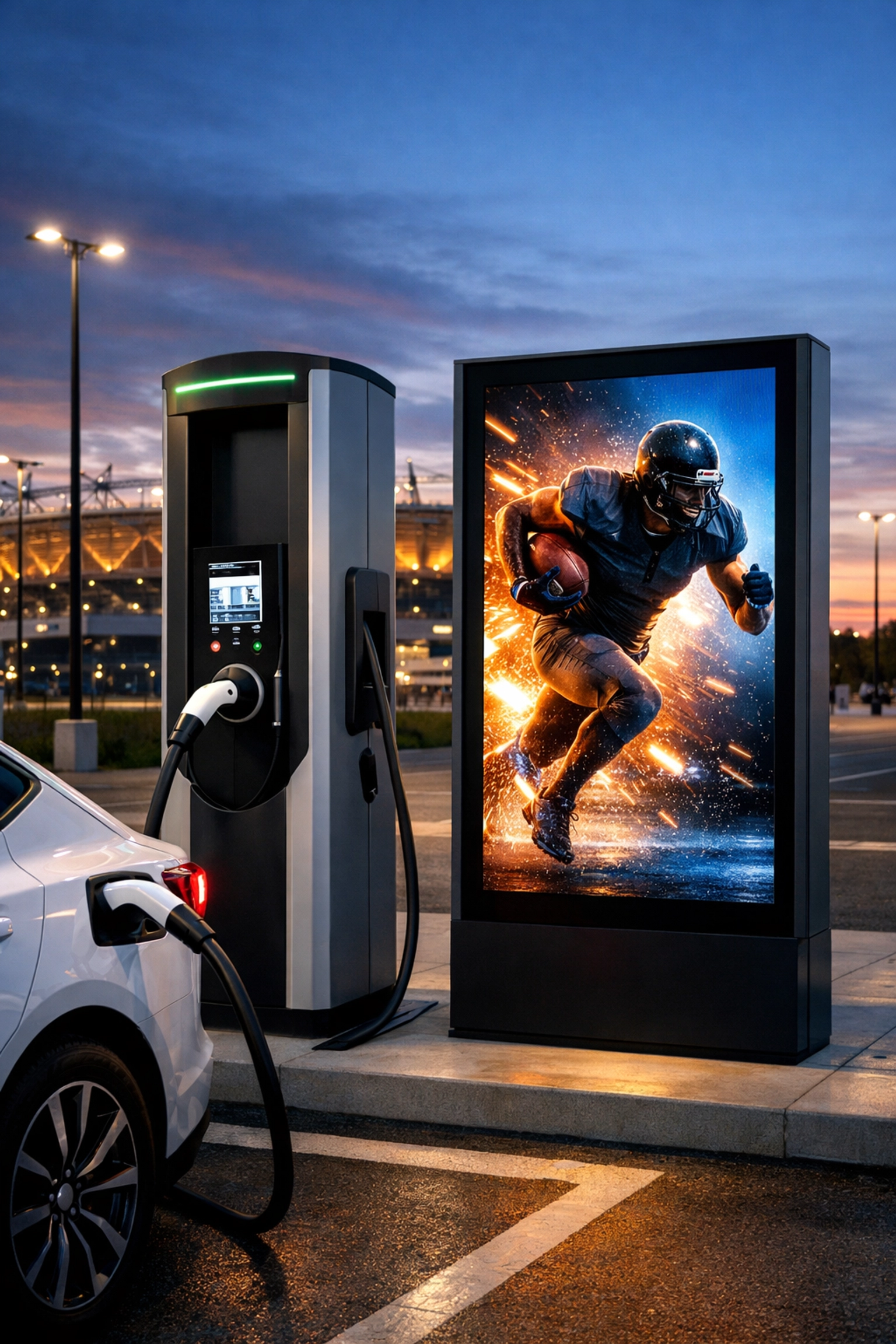 Digital out of home screen at a stadium EV charging station showing sports advertising.