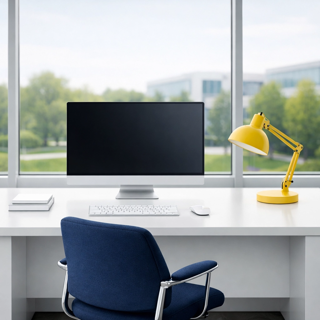 Spotless modern desk setup in Bedford showcasing the impact of professional office cleaning on workspace focus.