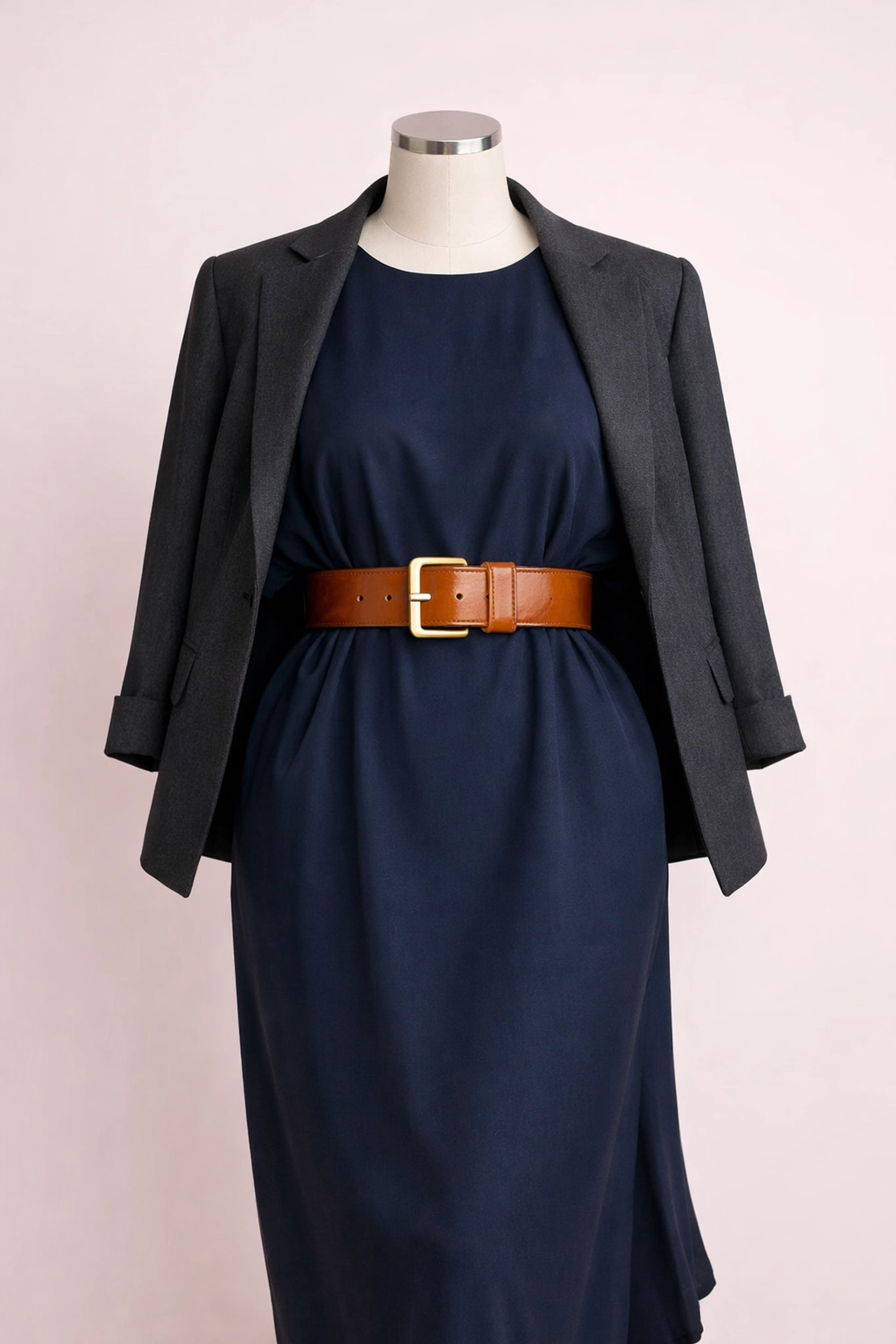 Navy blue belted bubu dress with blazer for professional business styling
