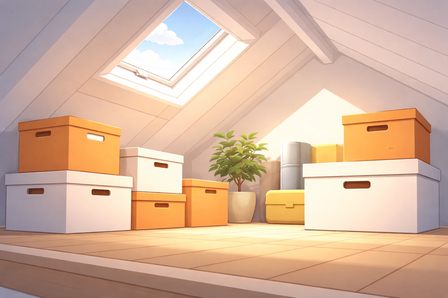 Organised loft space with storage boxes on insulated boards, sunlight highlighting usable area